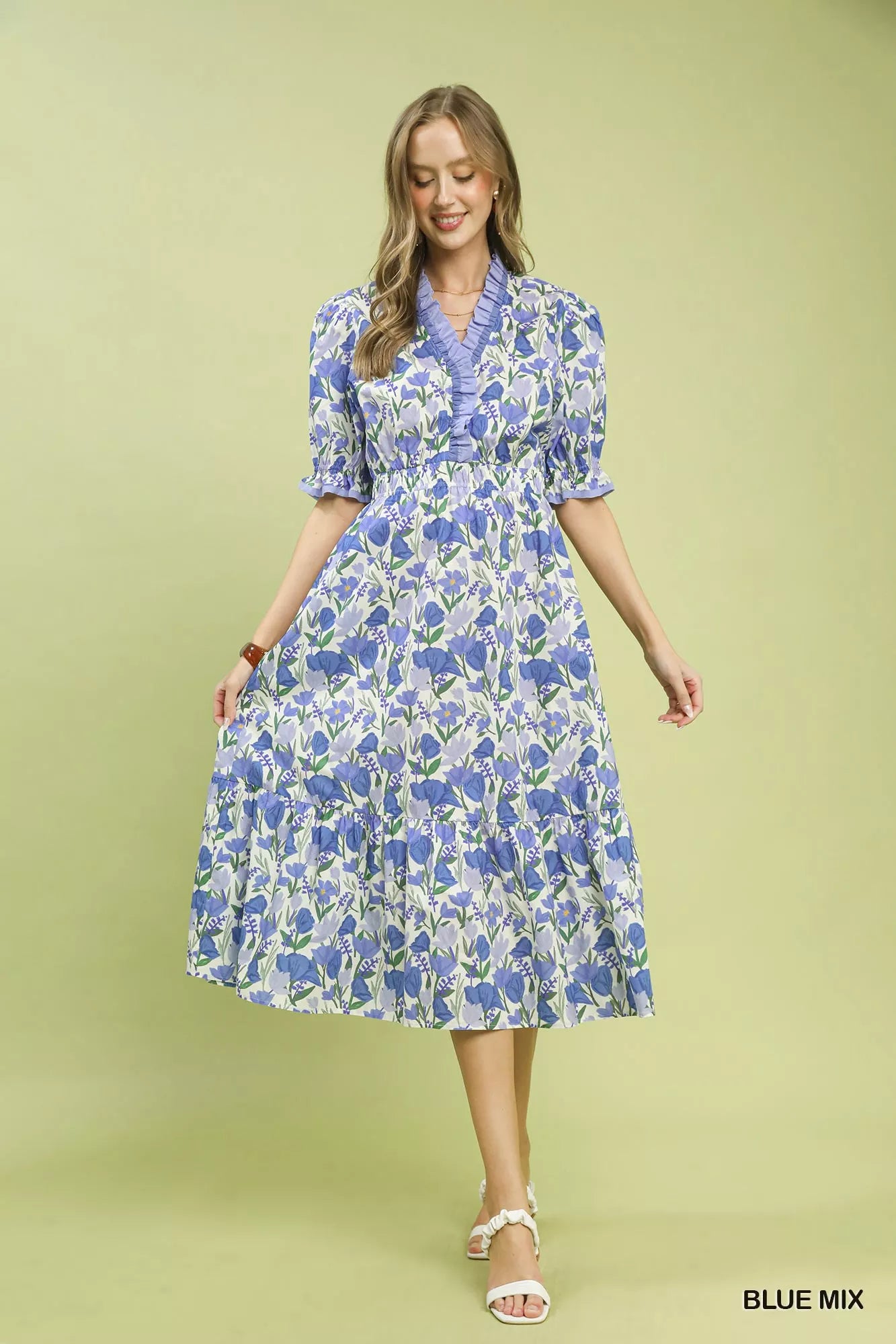 Umgee Floral Ruffle Trim Tiered Midi Dress