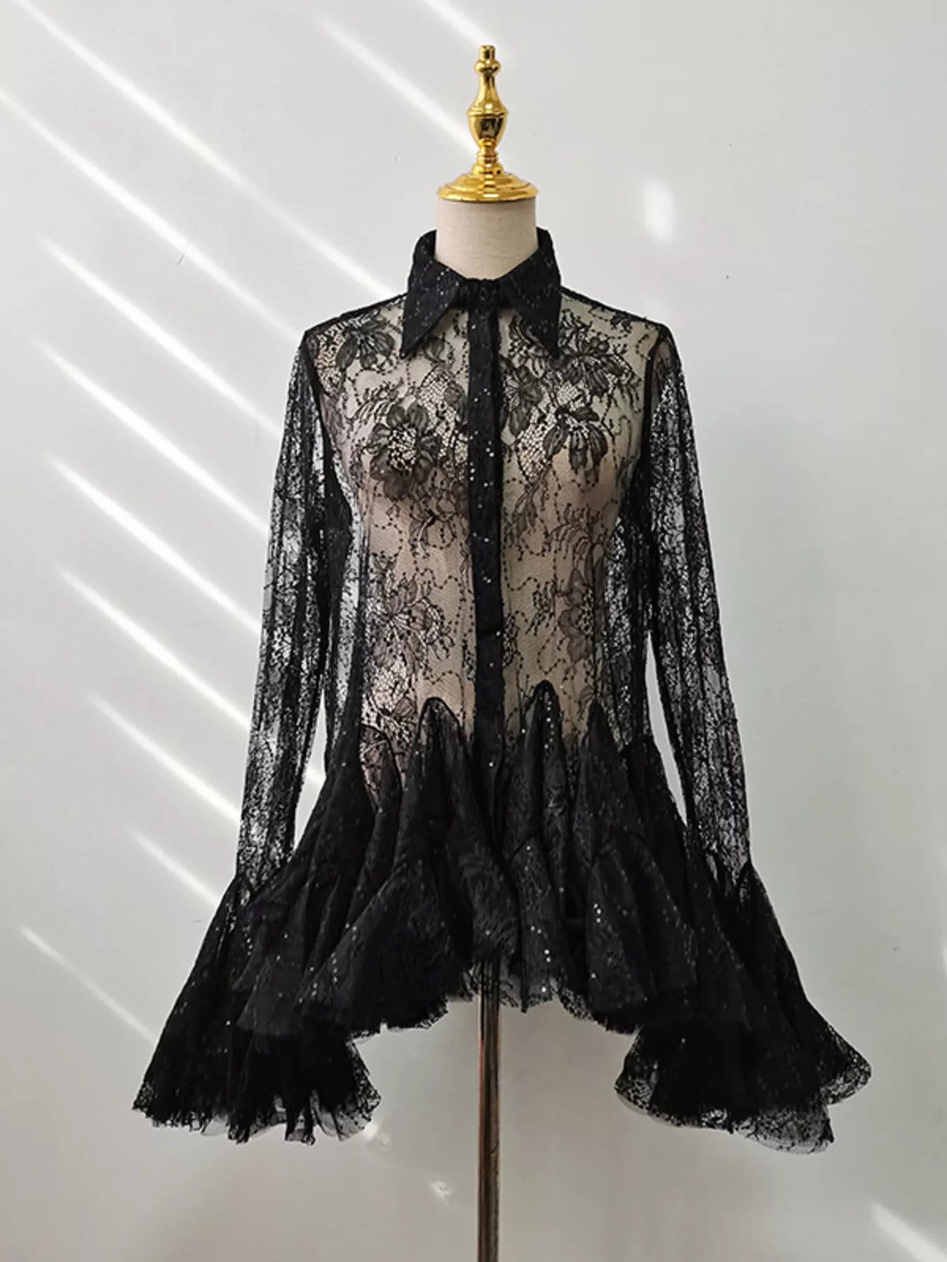 Ruffled Hem Lace Long Sleeve Dress