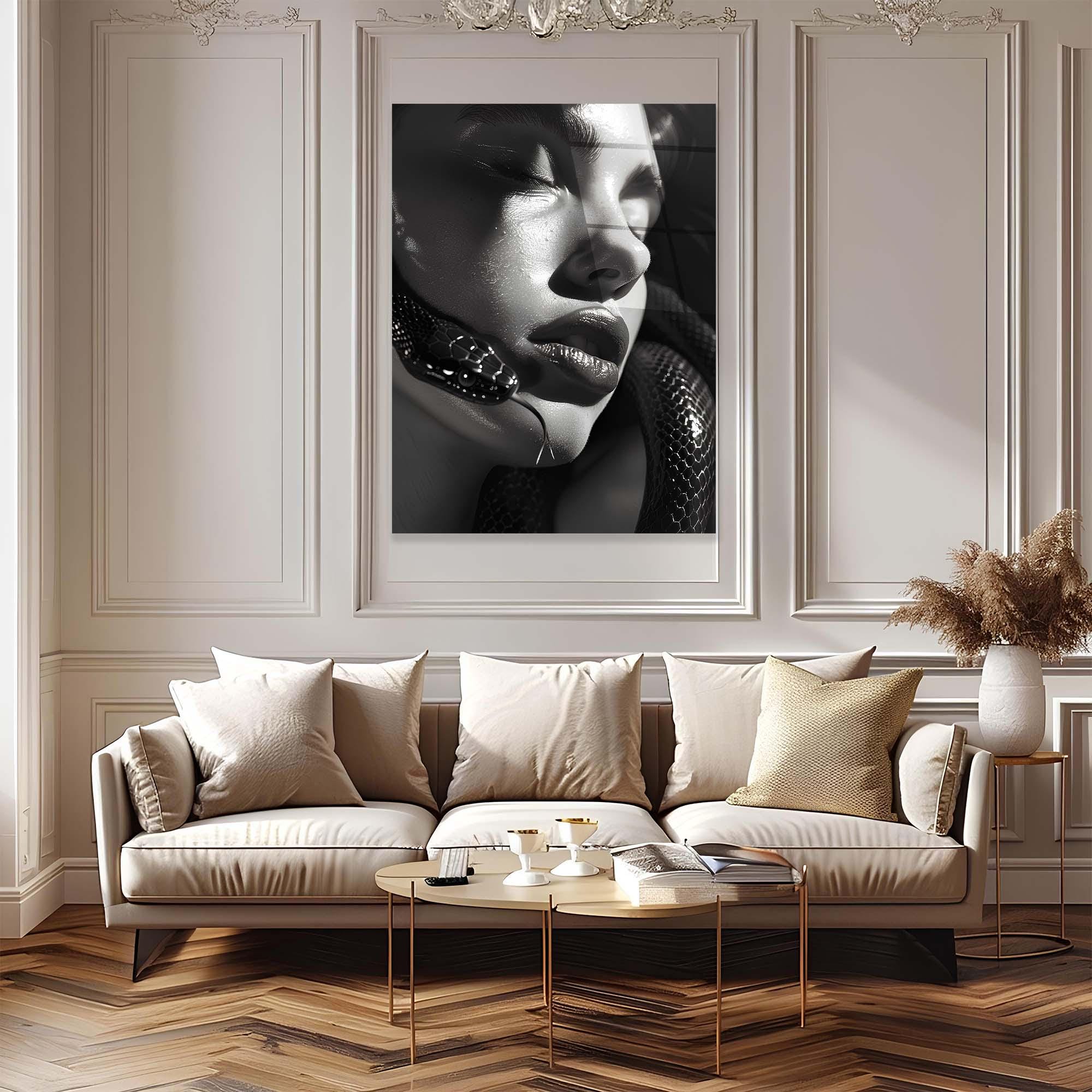 Surreal Woman and Snake Tempered Glass Art | Dark Art Wall Decor