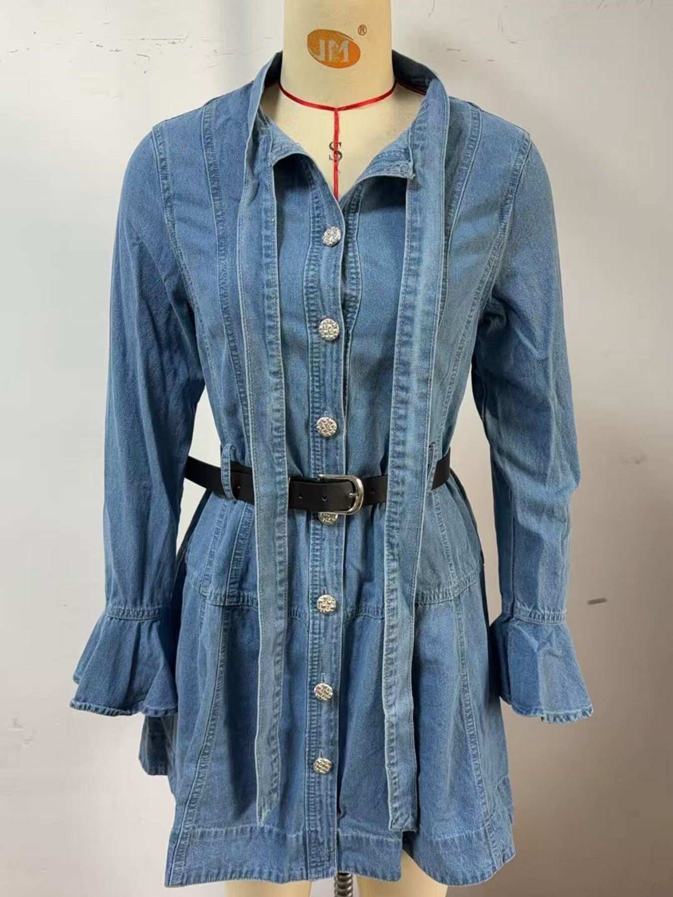 Button Front Flounce Sleeve Denim Dress
