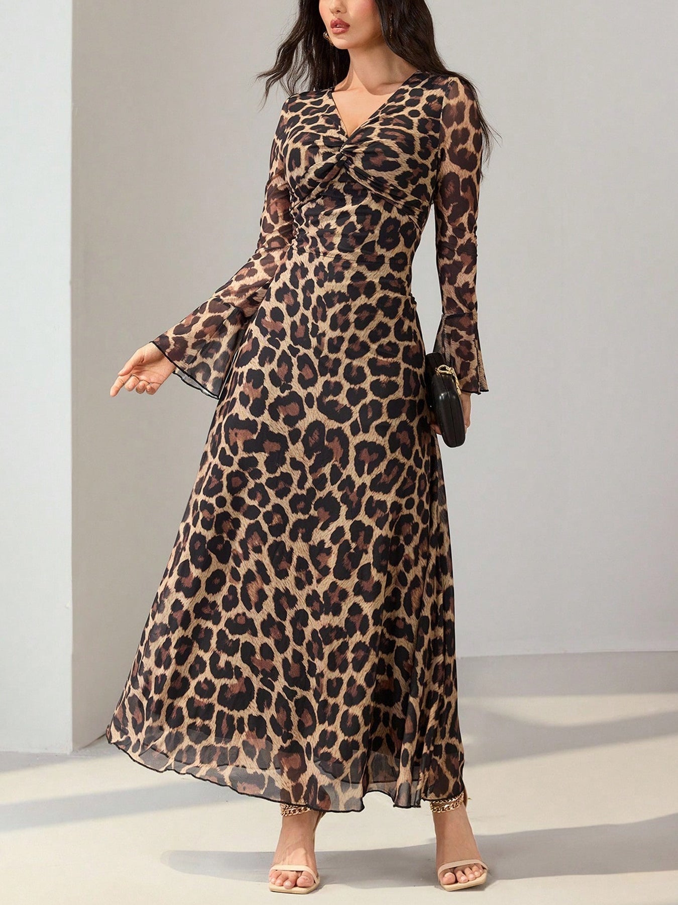 Leopard Print Flare Sleeve Maxi Dress