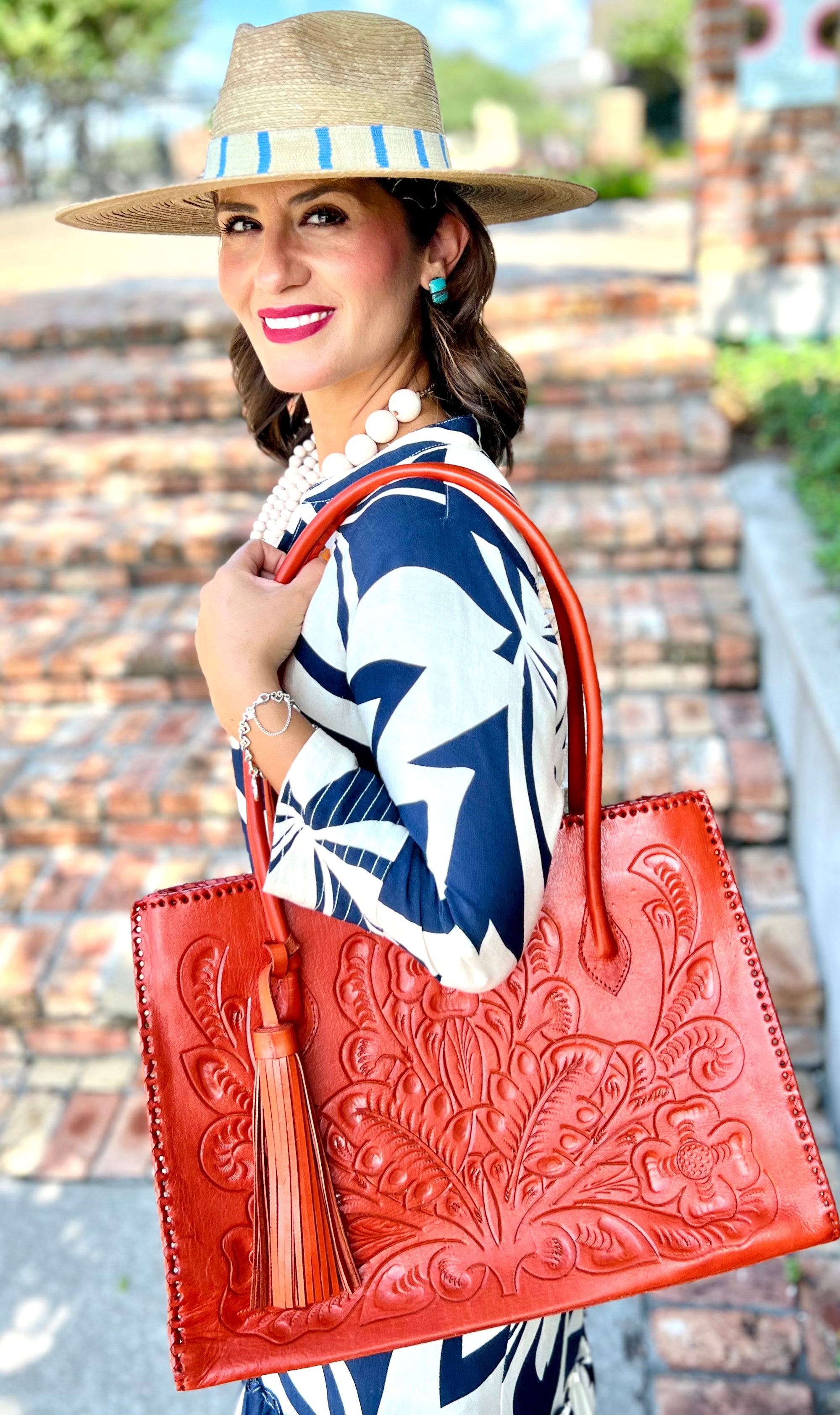 The Amy| Hand-Tooled Leather Tote Bag