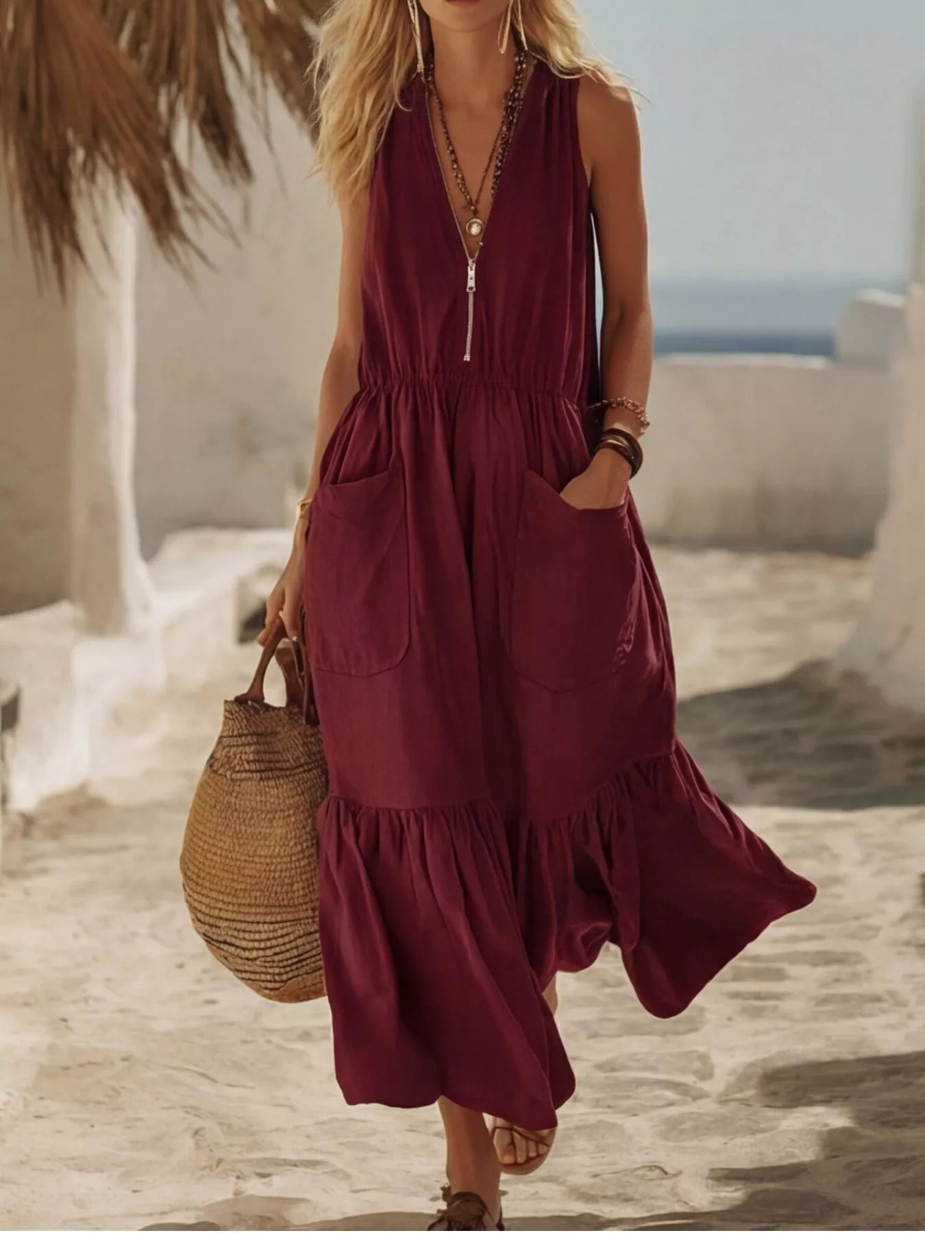 Full Size Sleeveless Zipper Front Pocket Ruffle Hem Maxi Dress Plus Size