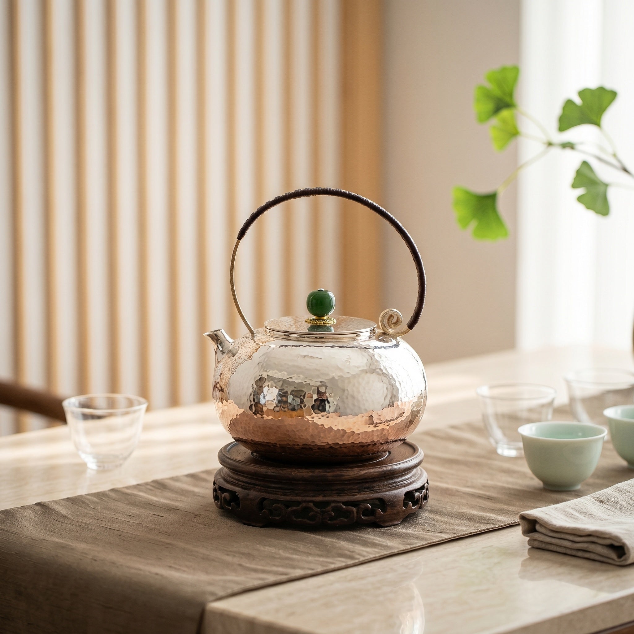 925 Sterling Silver Elegant Hammered Metal Teapot with Two-Tone Finish and Woven Handle-Fine large teapot - Handicraft