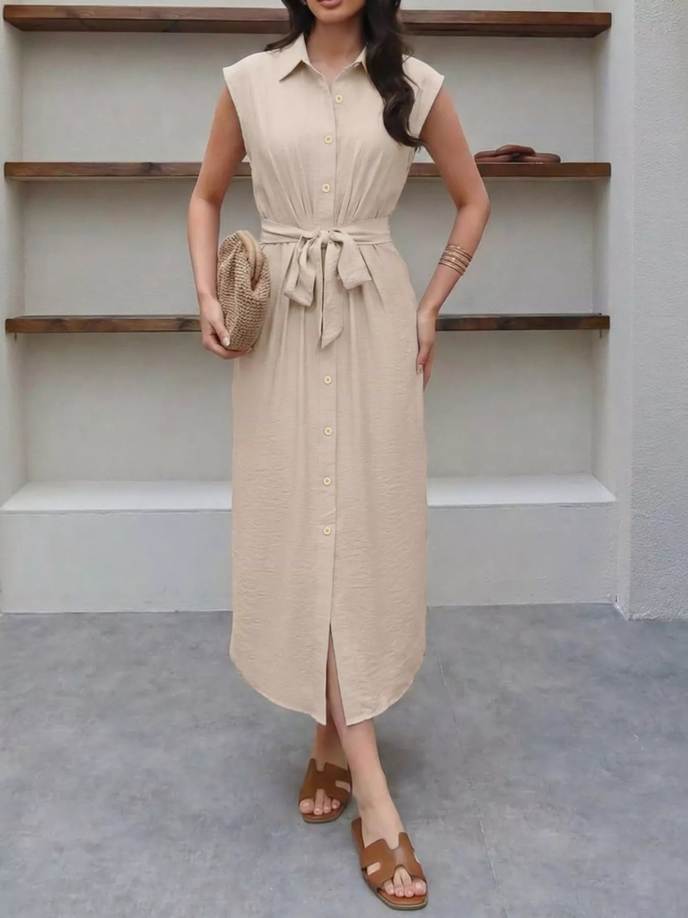 Sleeveless Button-Down Tie Waist Midi Dress