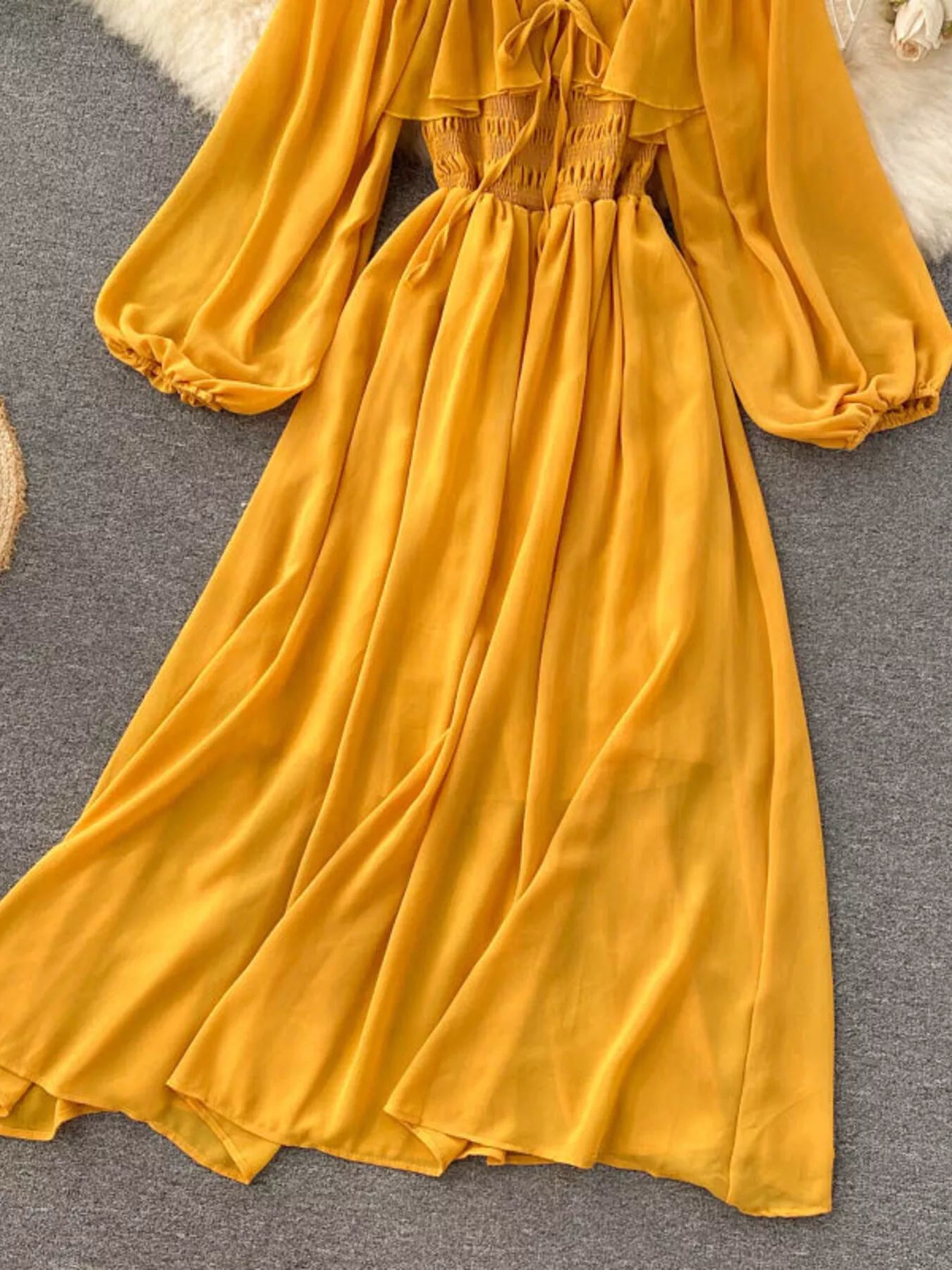 Ruffle Square Neck Balloon Sleeve A-Line Dress