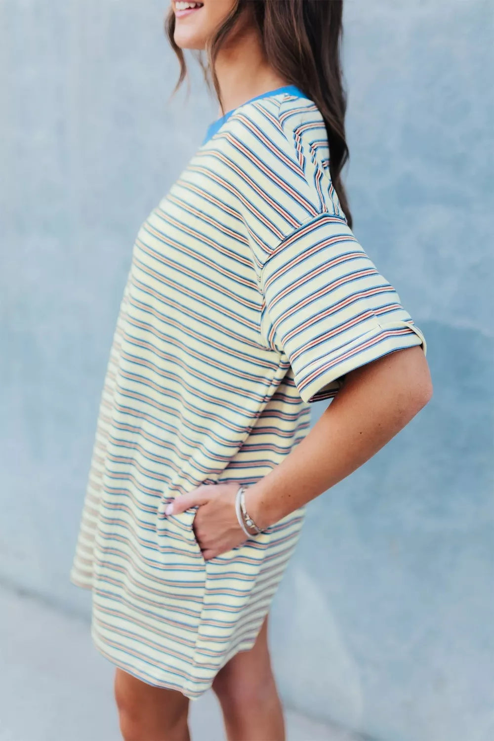 Stripe Drop Shoulder Cuffed Sleeve Loose Tunic T Shirt Mini Dress