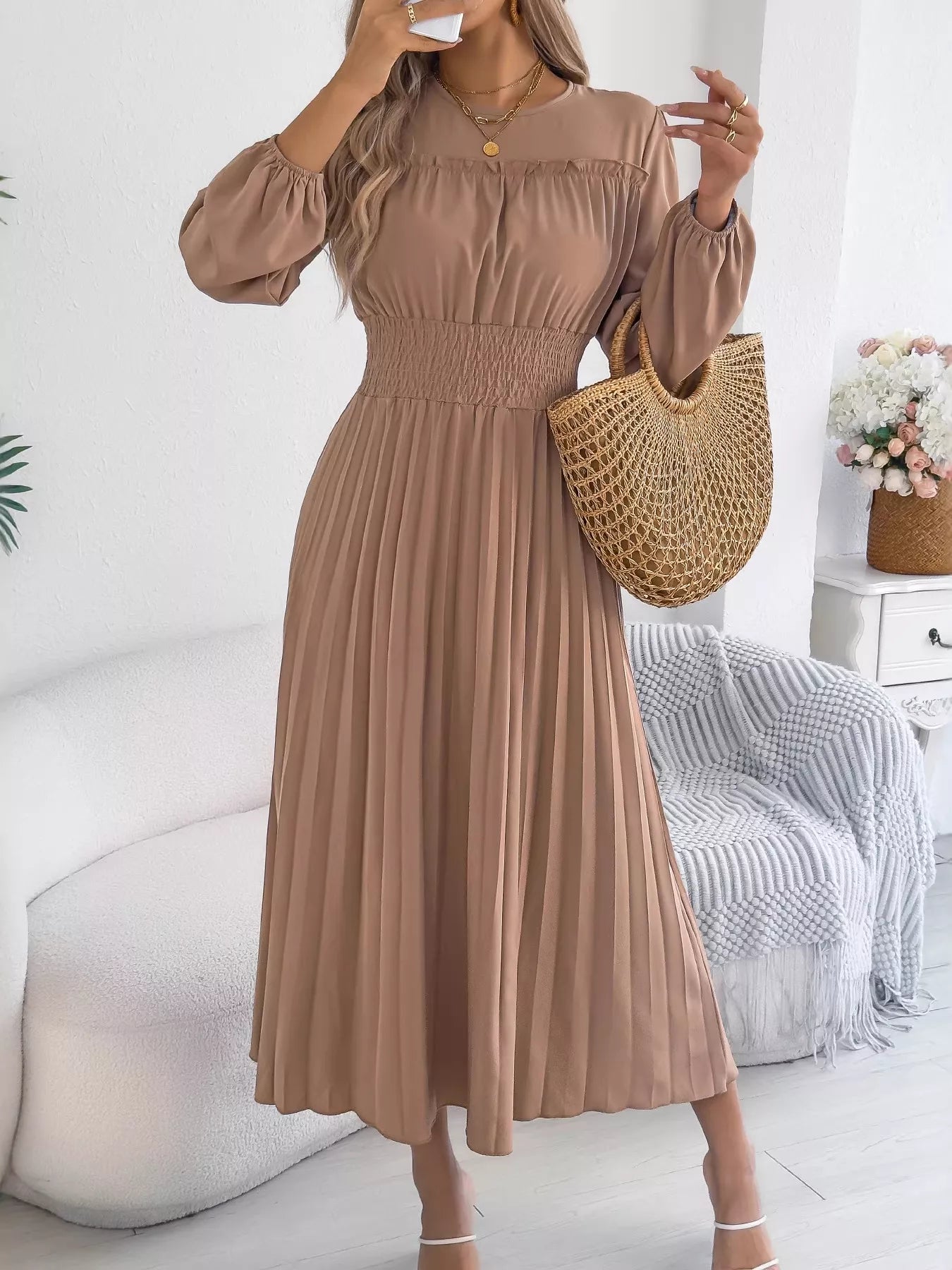 Smocked Pleated Long Sleeve Midi Dress