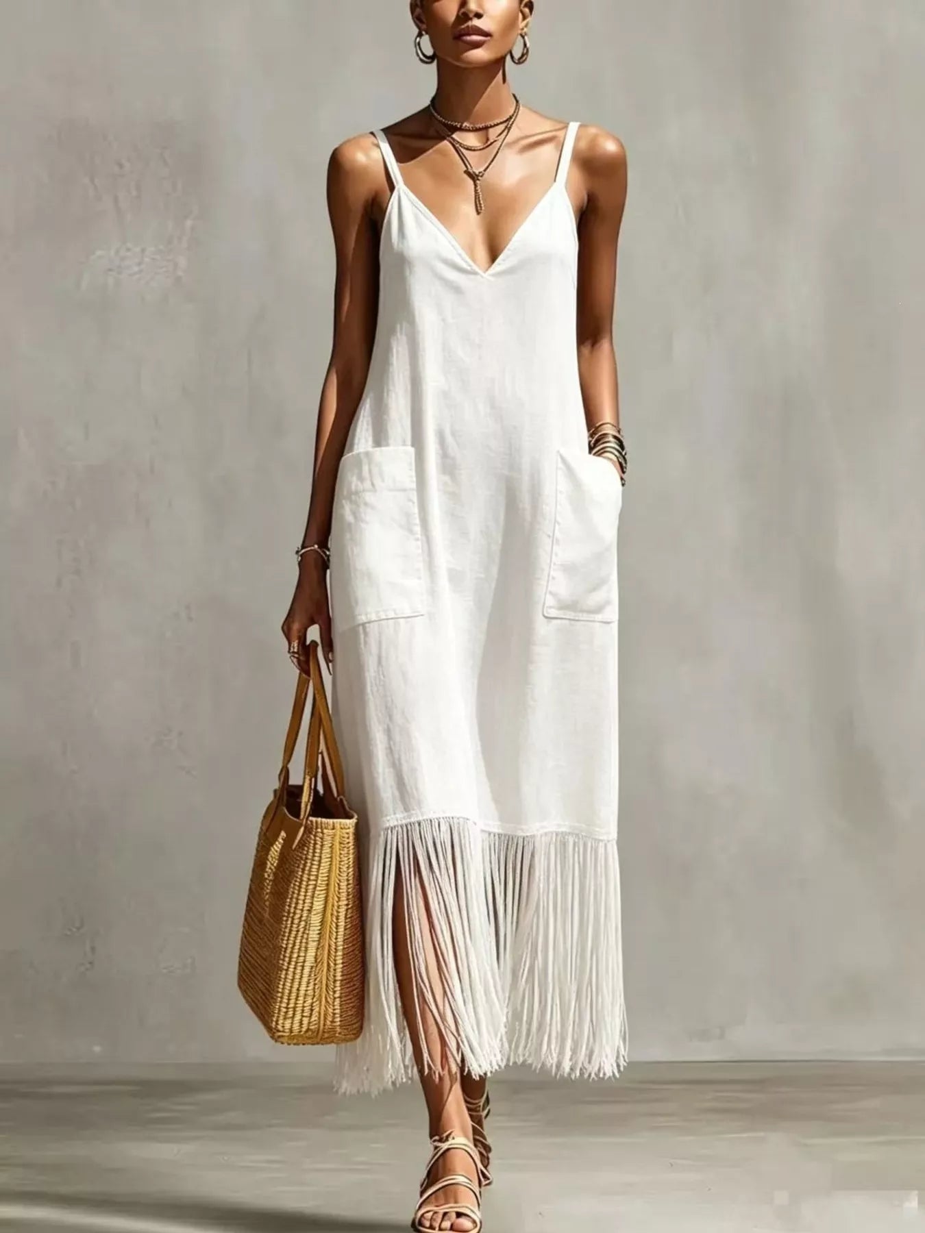 Full Size Fringe V-Neck Spaghetti Strap Dress Plus Size