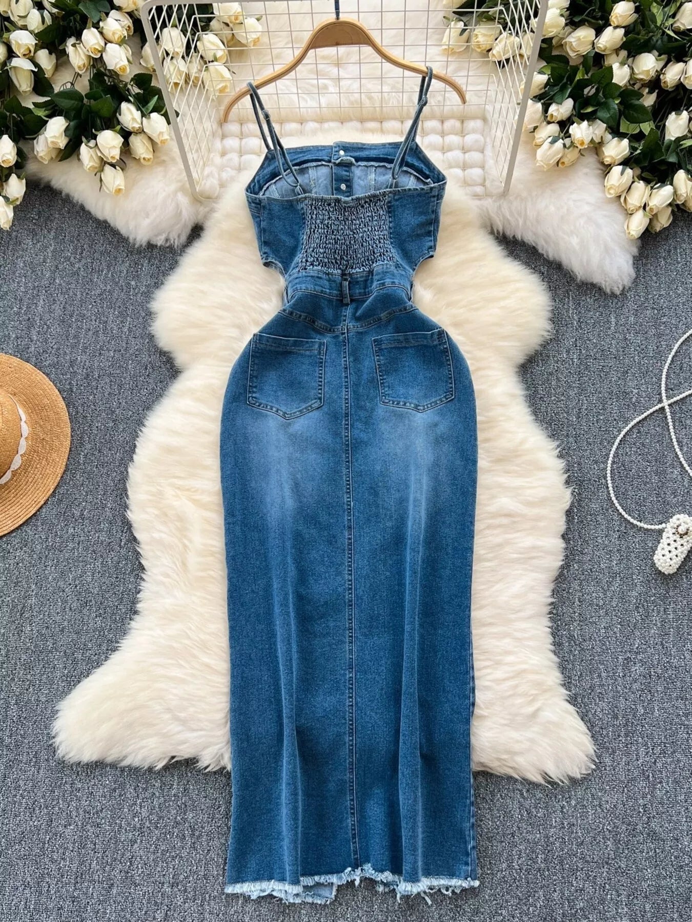 Sleeveless Frayed Hem Slit Denim Dress