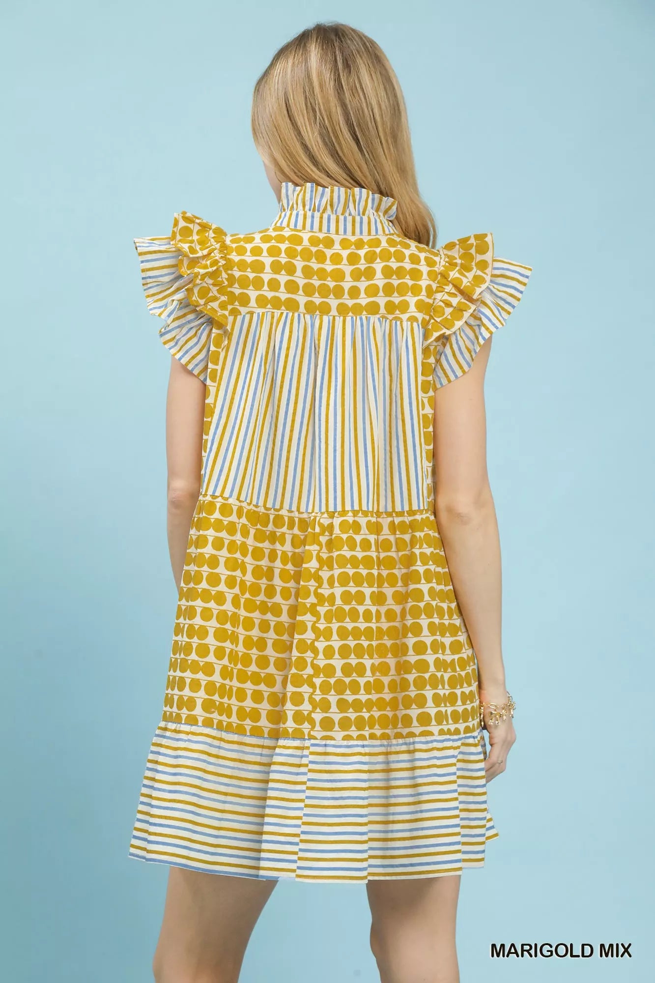 Umgee Mix Patchwork Flutter Sleeve Tiered Dress