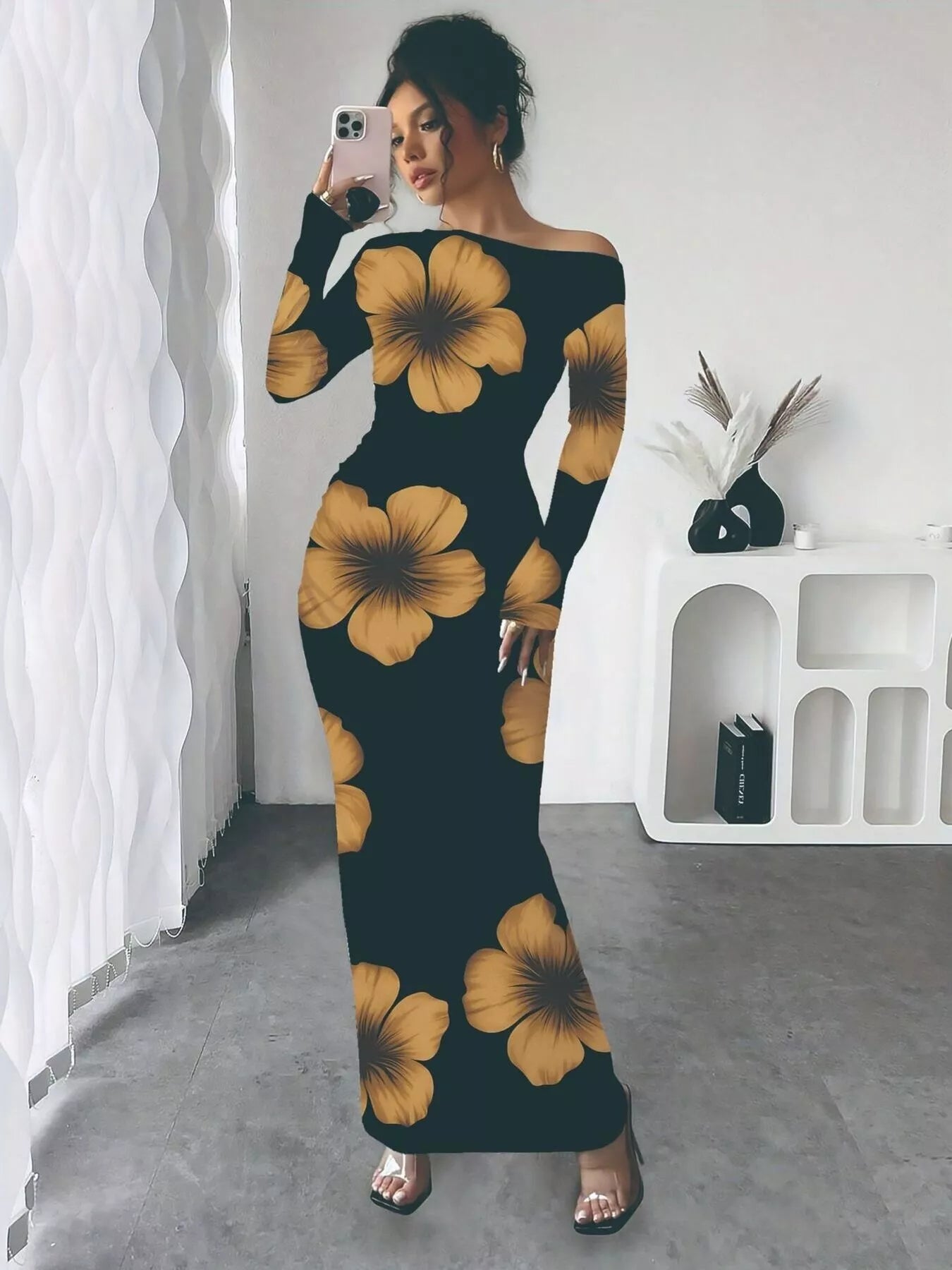 Floral Print One Shoulder Maxi Dress