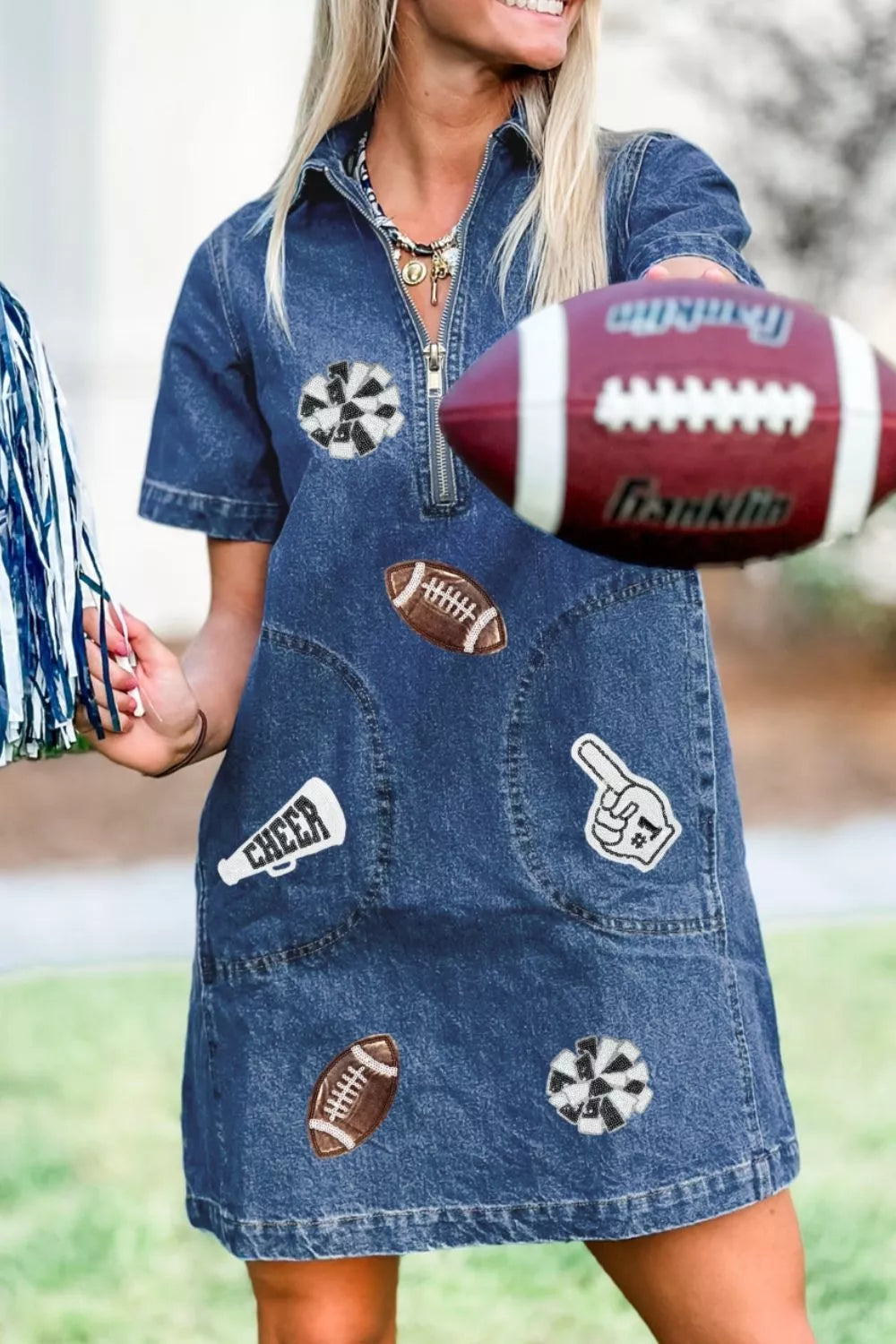 Sequin Football Cheer Patches Game Day Denim Mini Dress