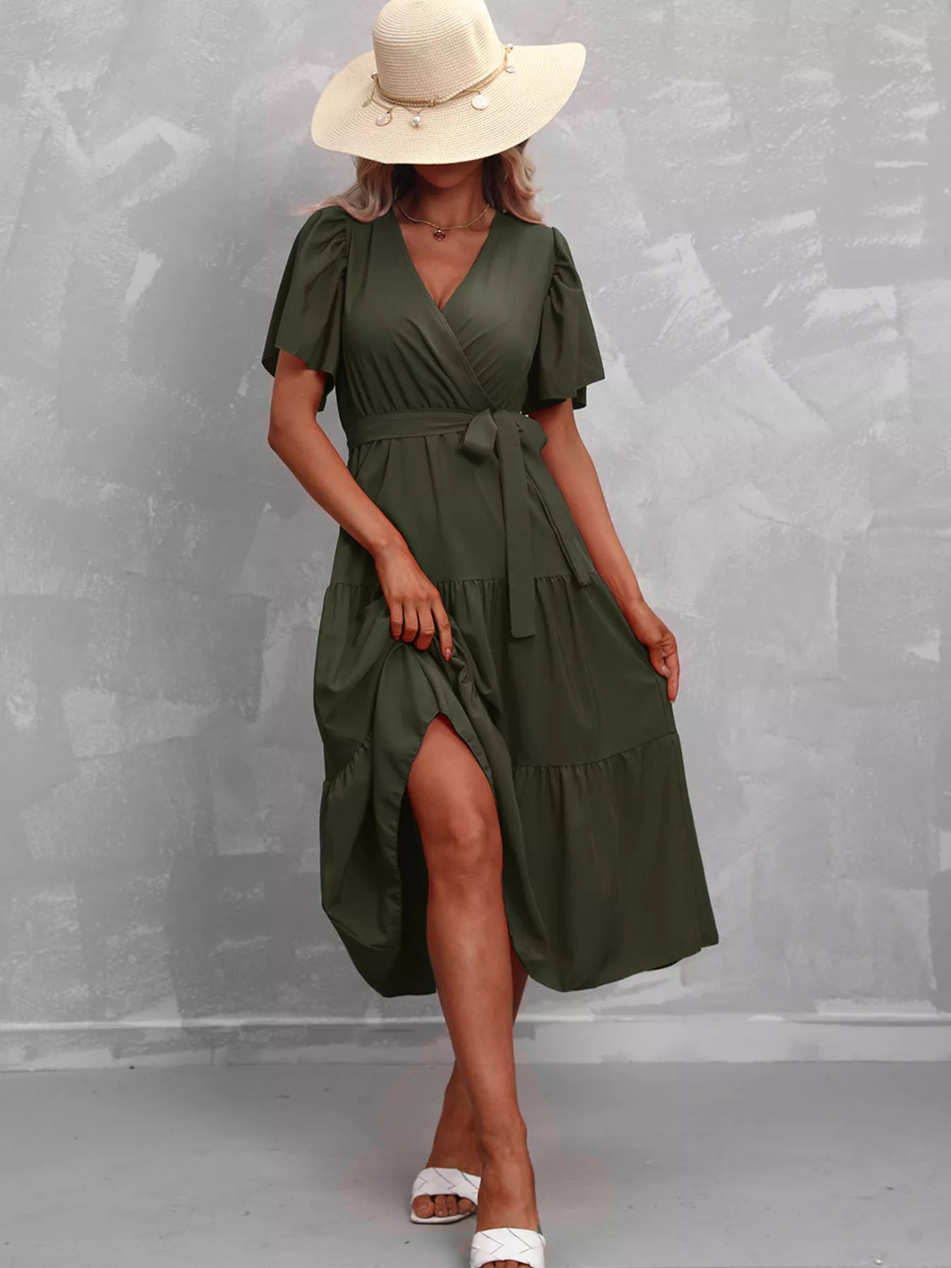 Flutter Sleeve Tiered Midi Dress