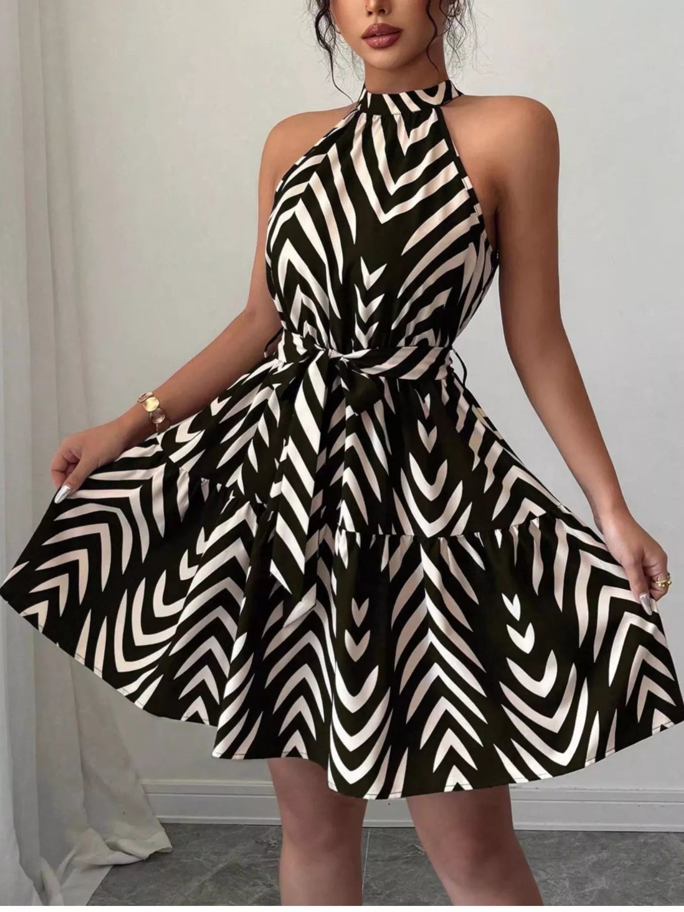 Zebra Print Halter Neck Tie Waist Ruffle Hem Dress