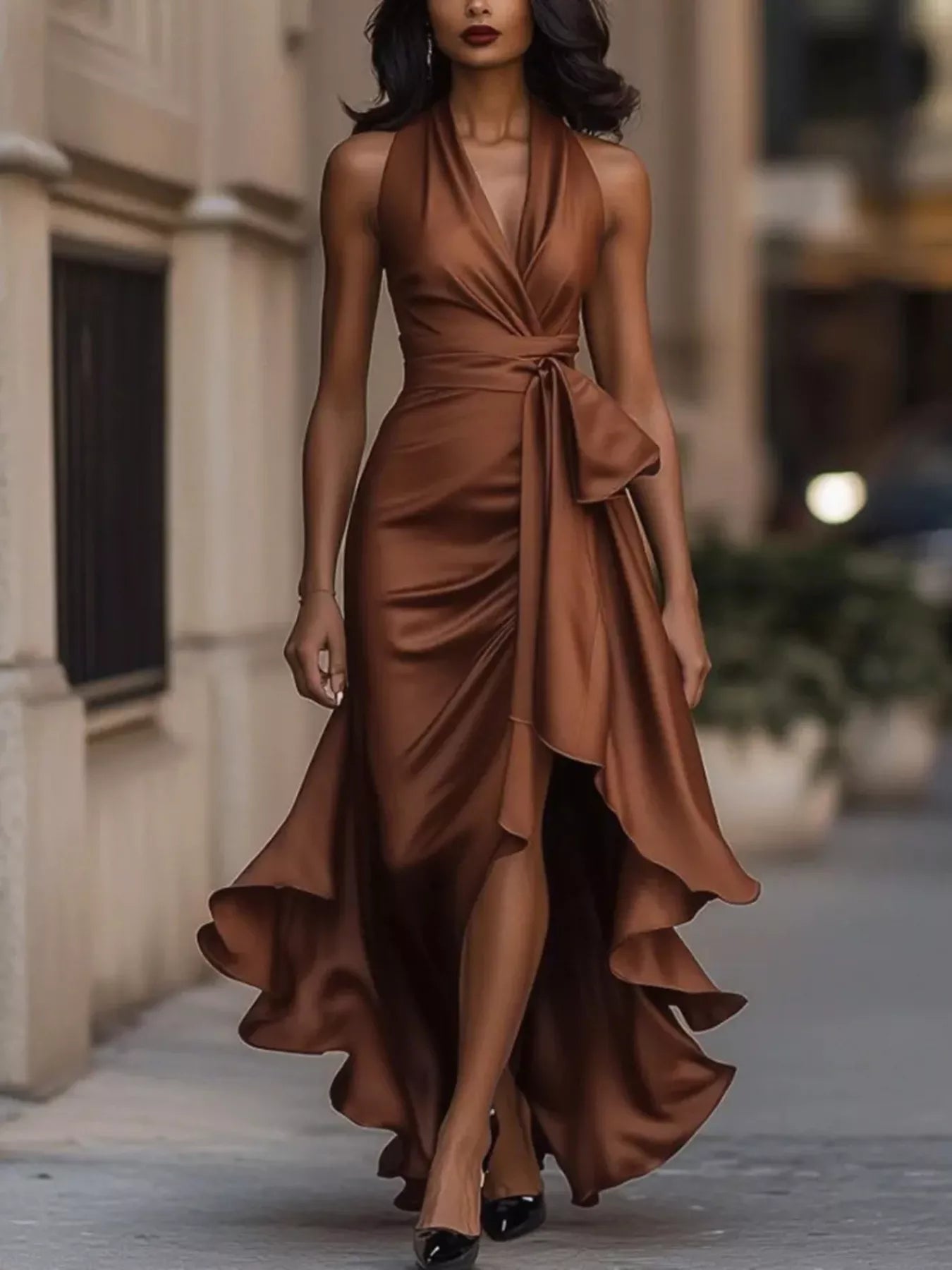 Full Size High-Low Ruffled Satin Maxi Dress Plus Size