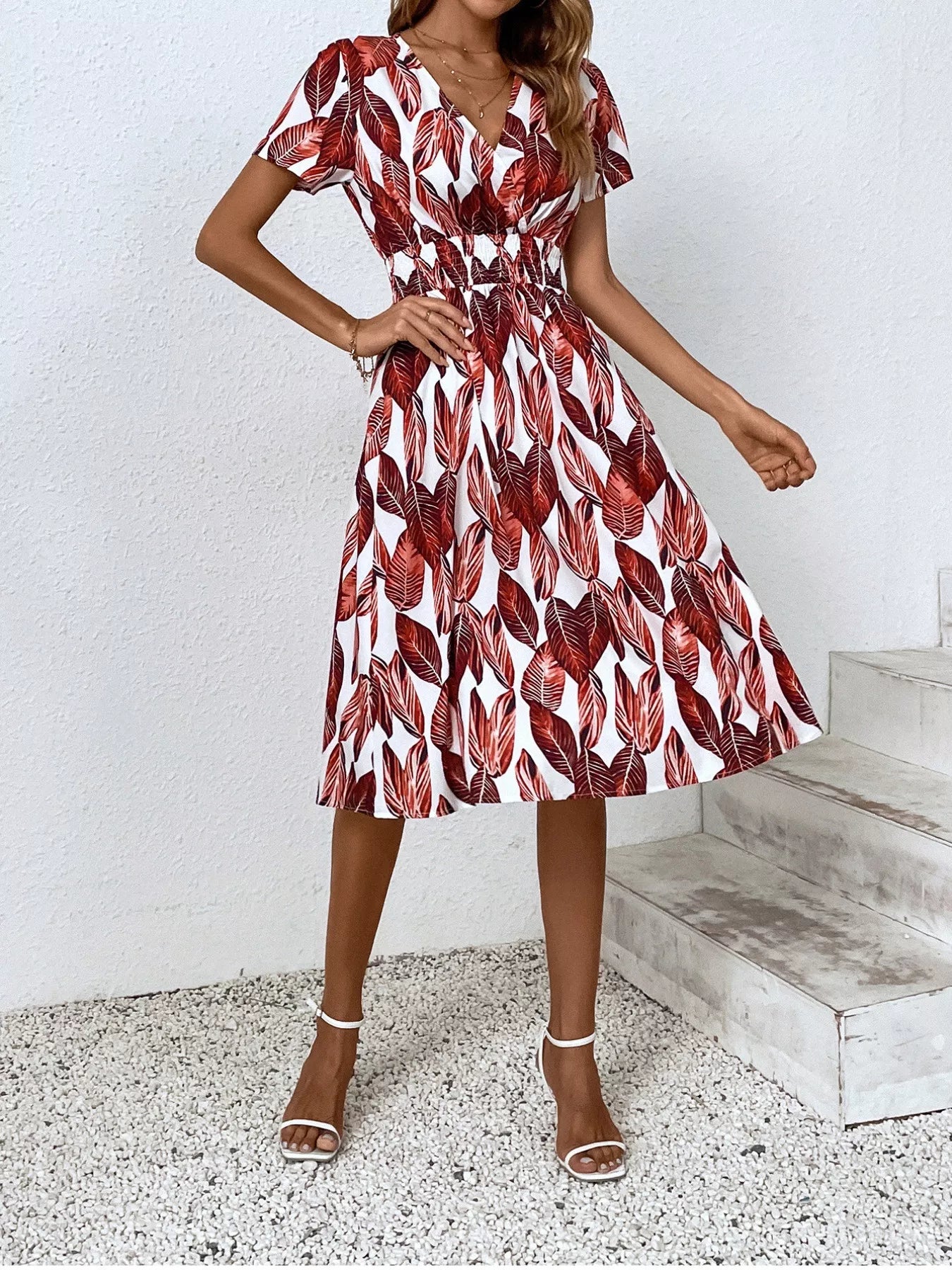 Printed Short Sleeve Midi Dress