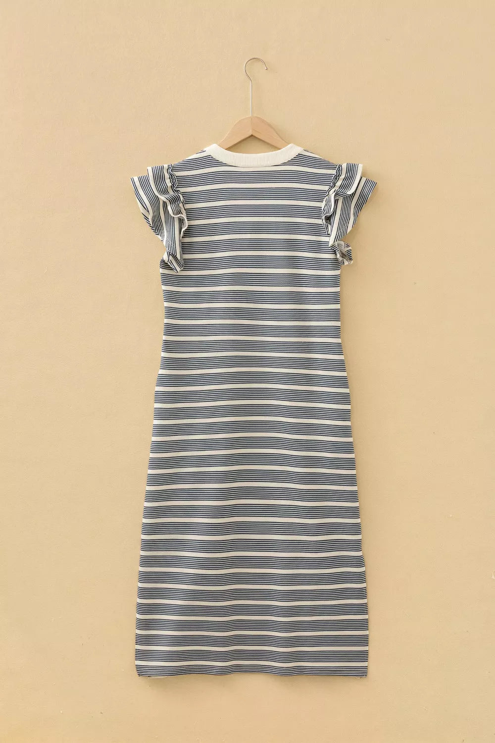 Stripe Ruffled Short Sleeve Contrast Trim Button Notched Neck Midi Dress