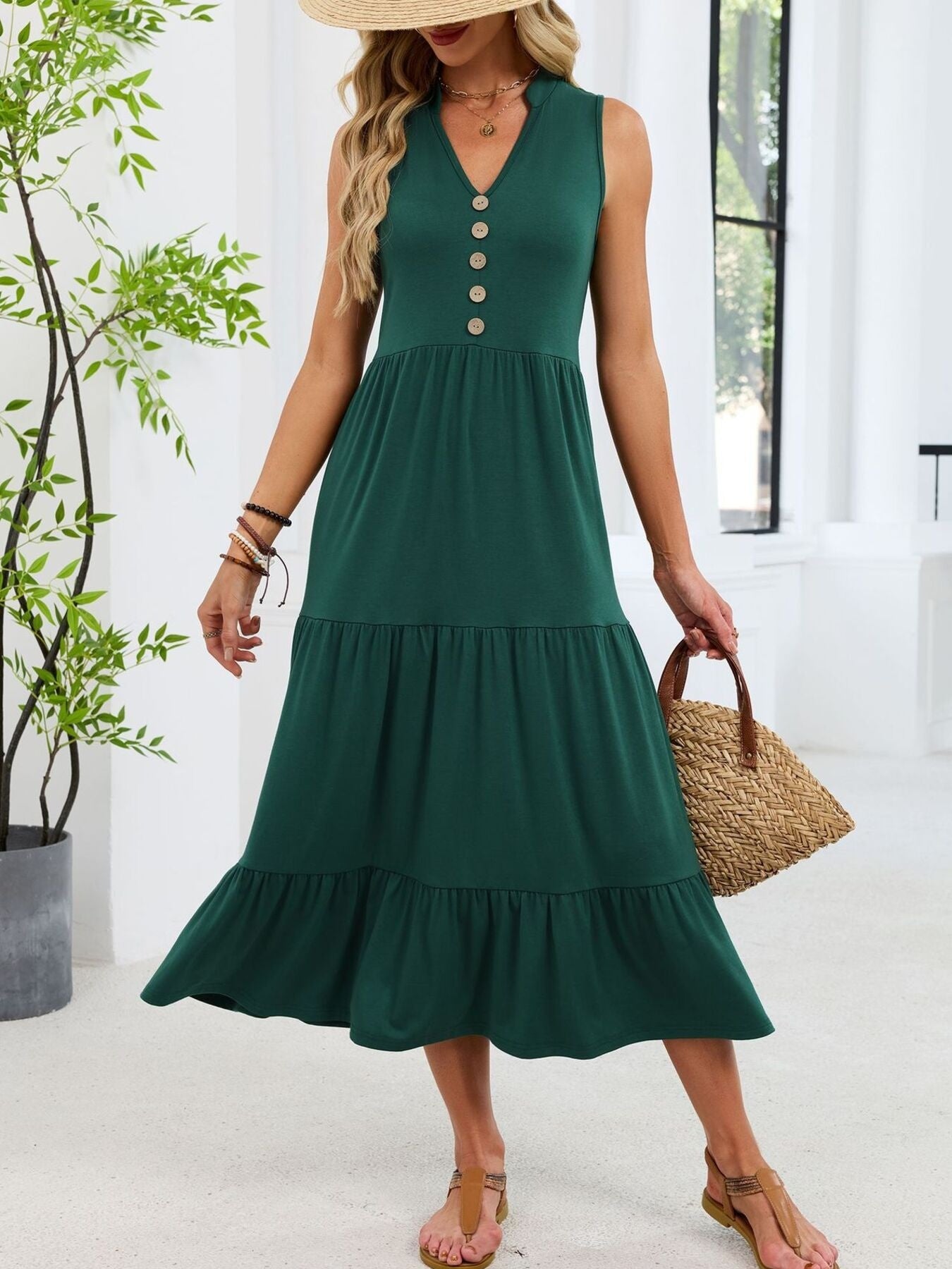 Sleeveless Notched Tiered Midi Dress