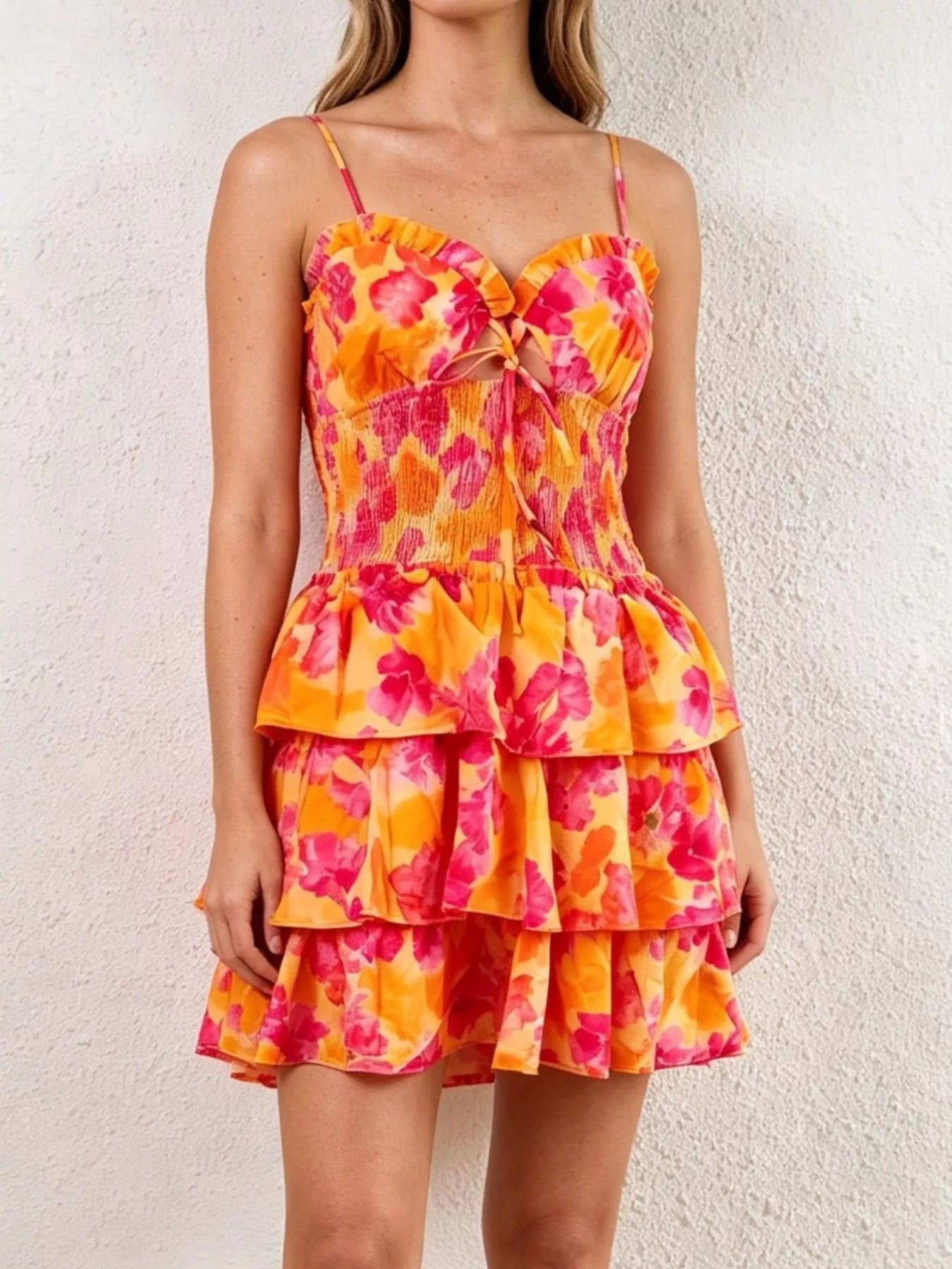 Cutout Floral Print Ruffle Layered Mini Dress