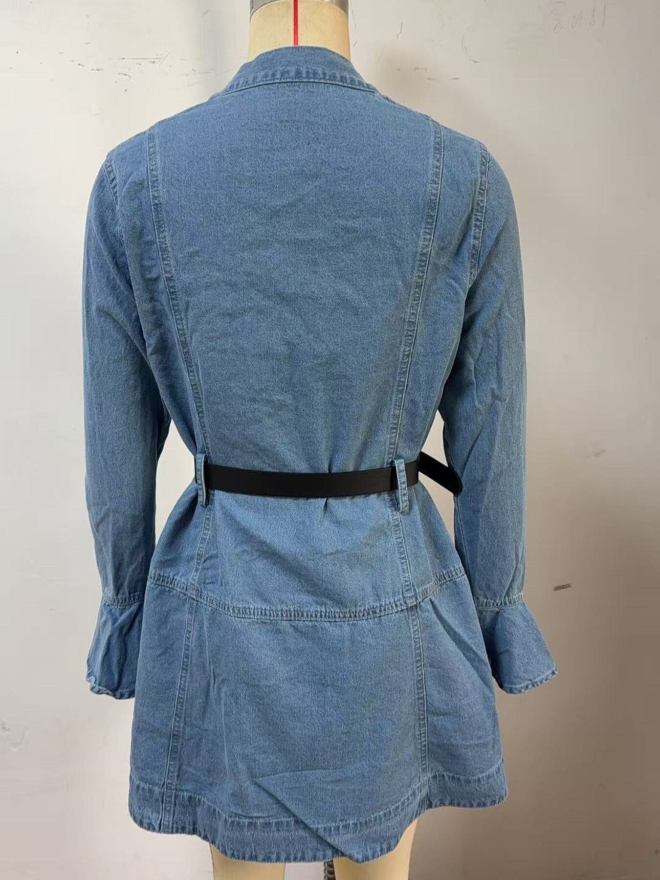 Button Front Flounce Sleeve Denim Dress