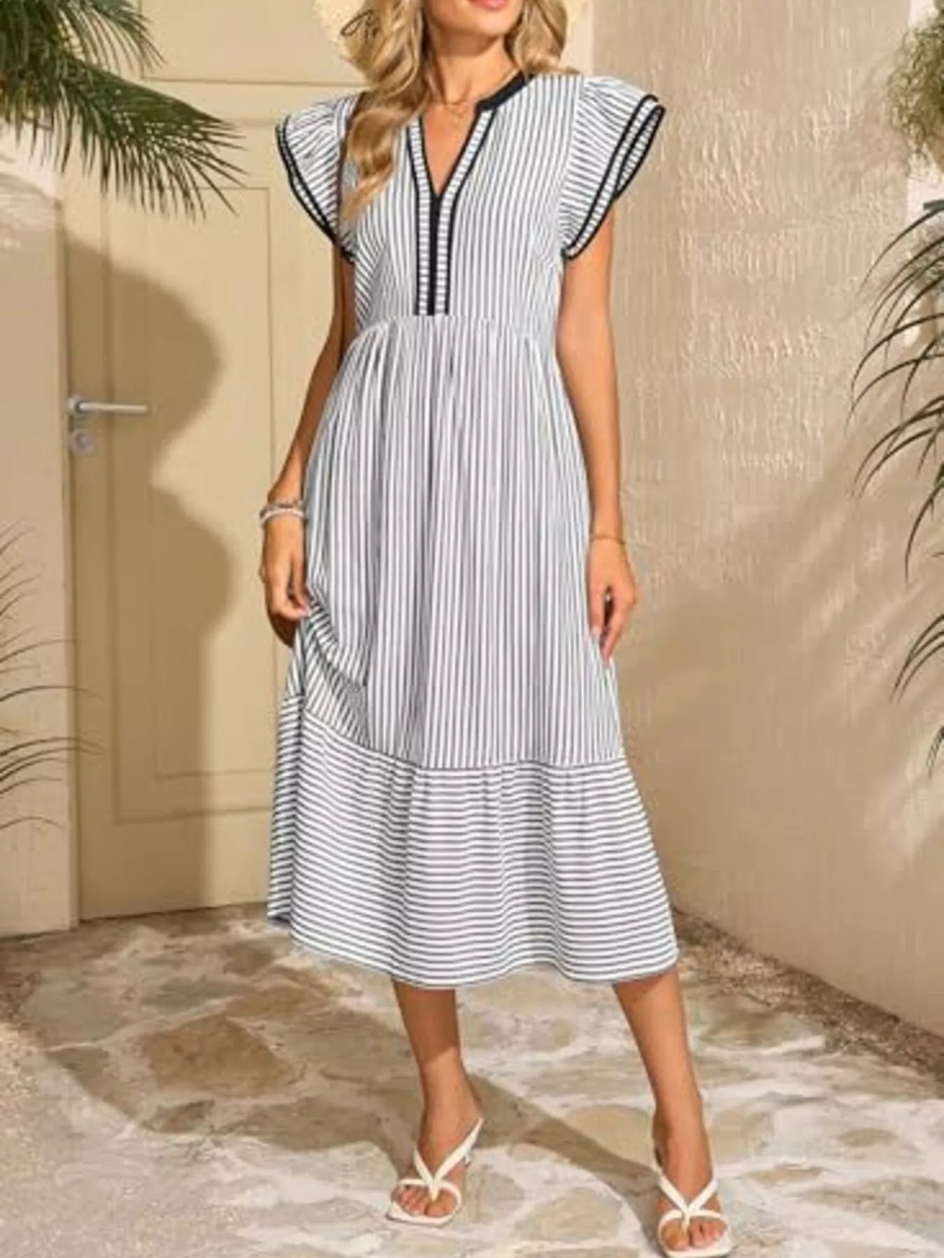 Striped Notched Ruffle Sleeve Dress