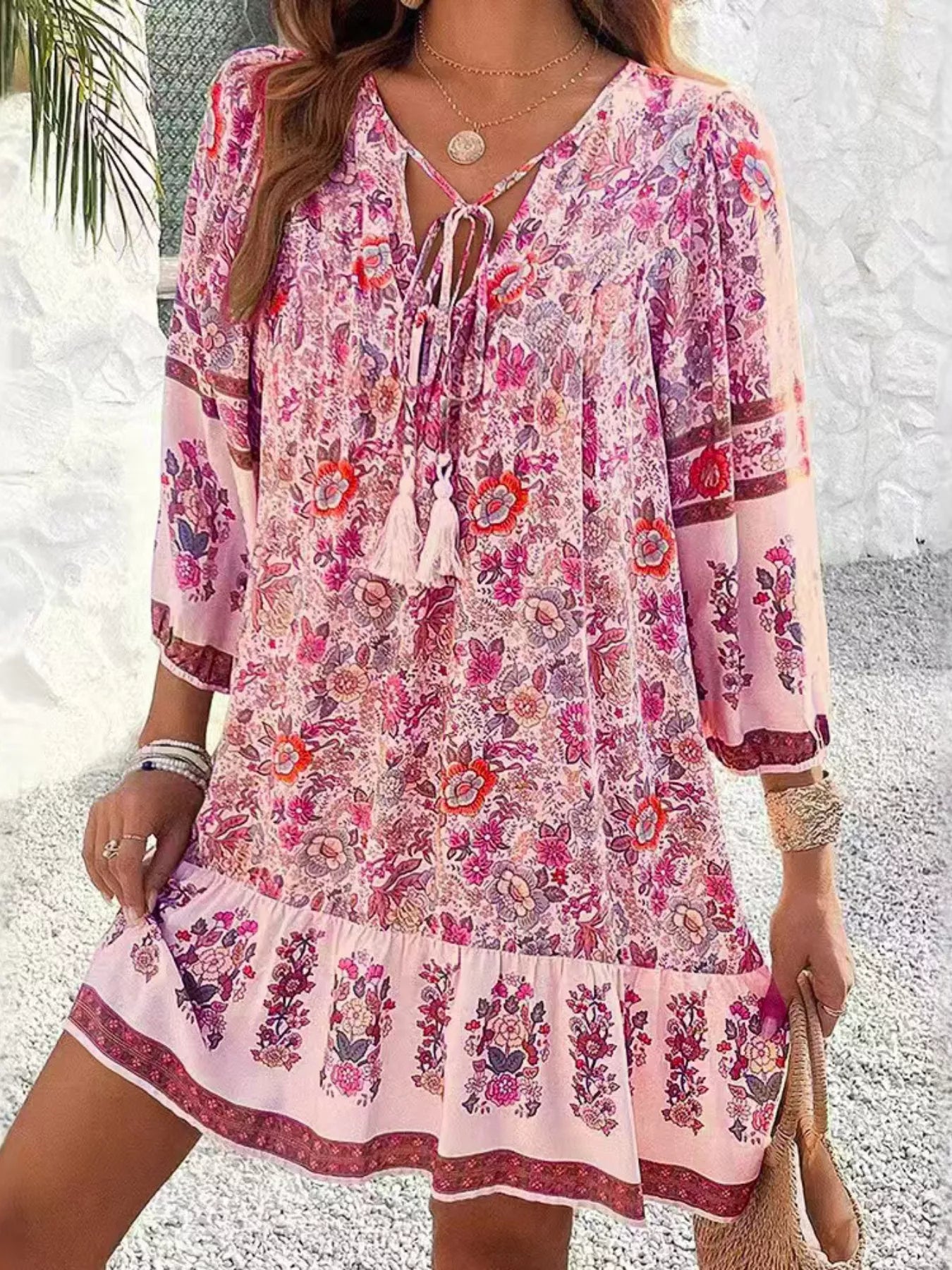 Floral Print Tassel Tie Neck Mini Dress