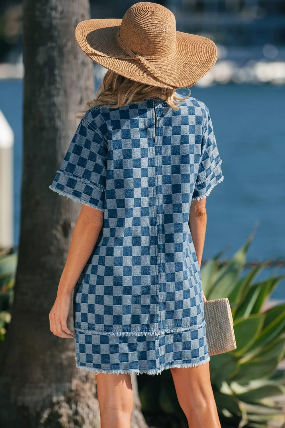 Frayed Hem Checkered Denim Mini Dress