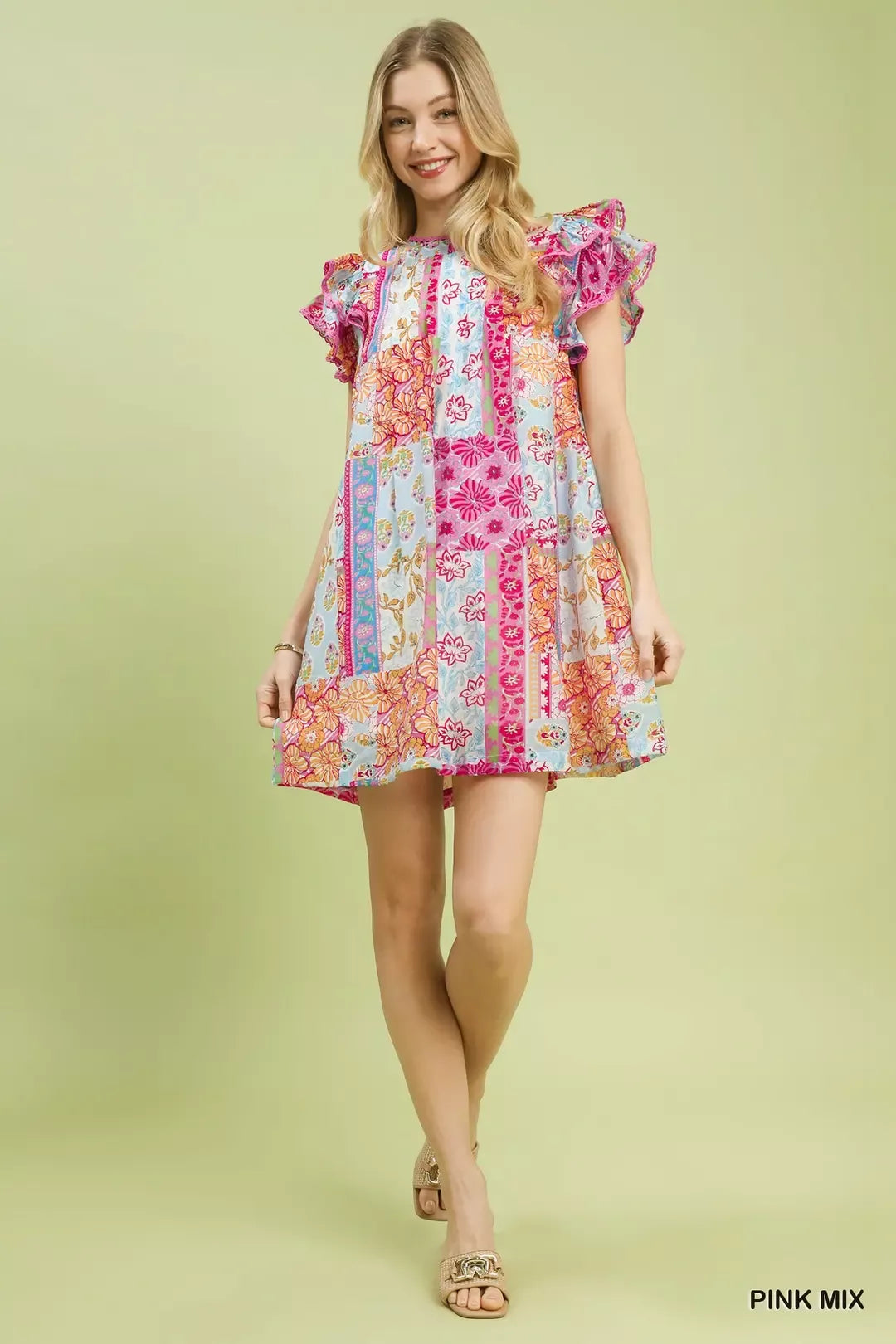 Umgee Mix Patchwork Flutter Sleeve Mini Dress