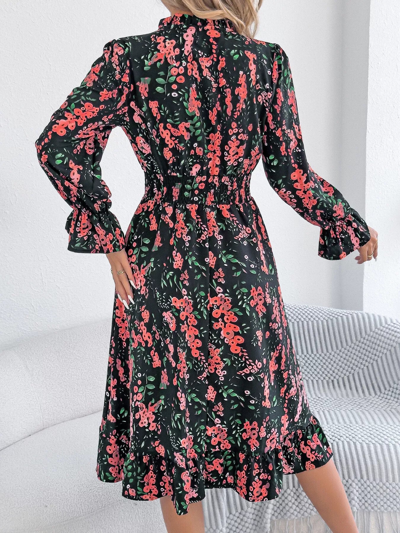 Floral Print Ruffle Hem Flounce Sleeve A-Line Dress