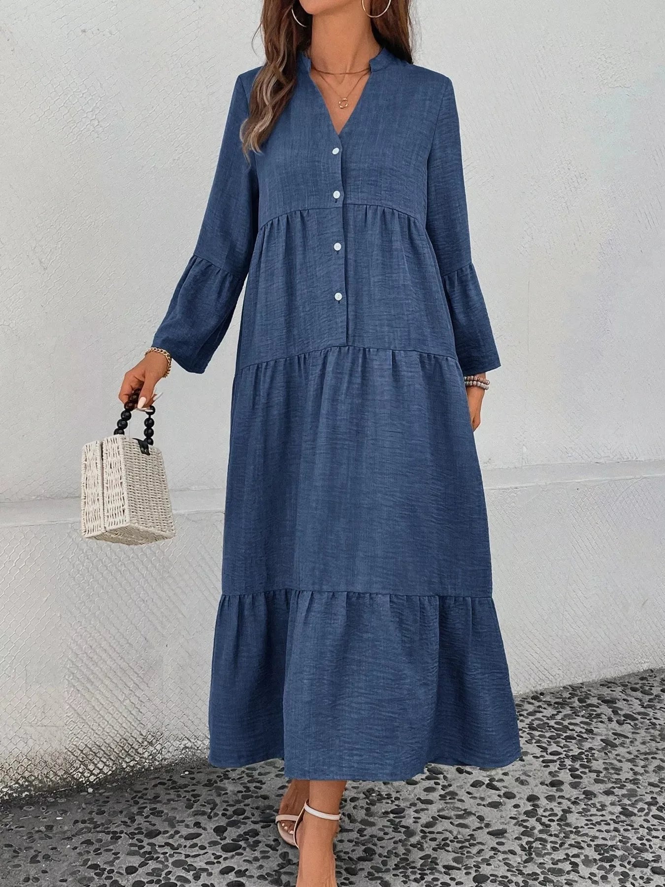 Ruffle Hem Button Front Tiered Dress