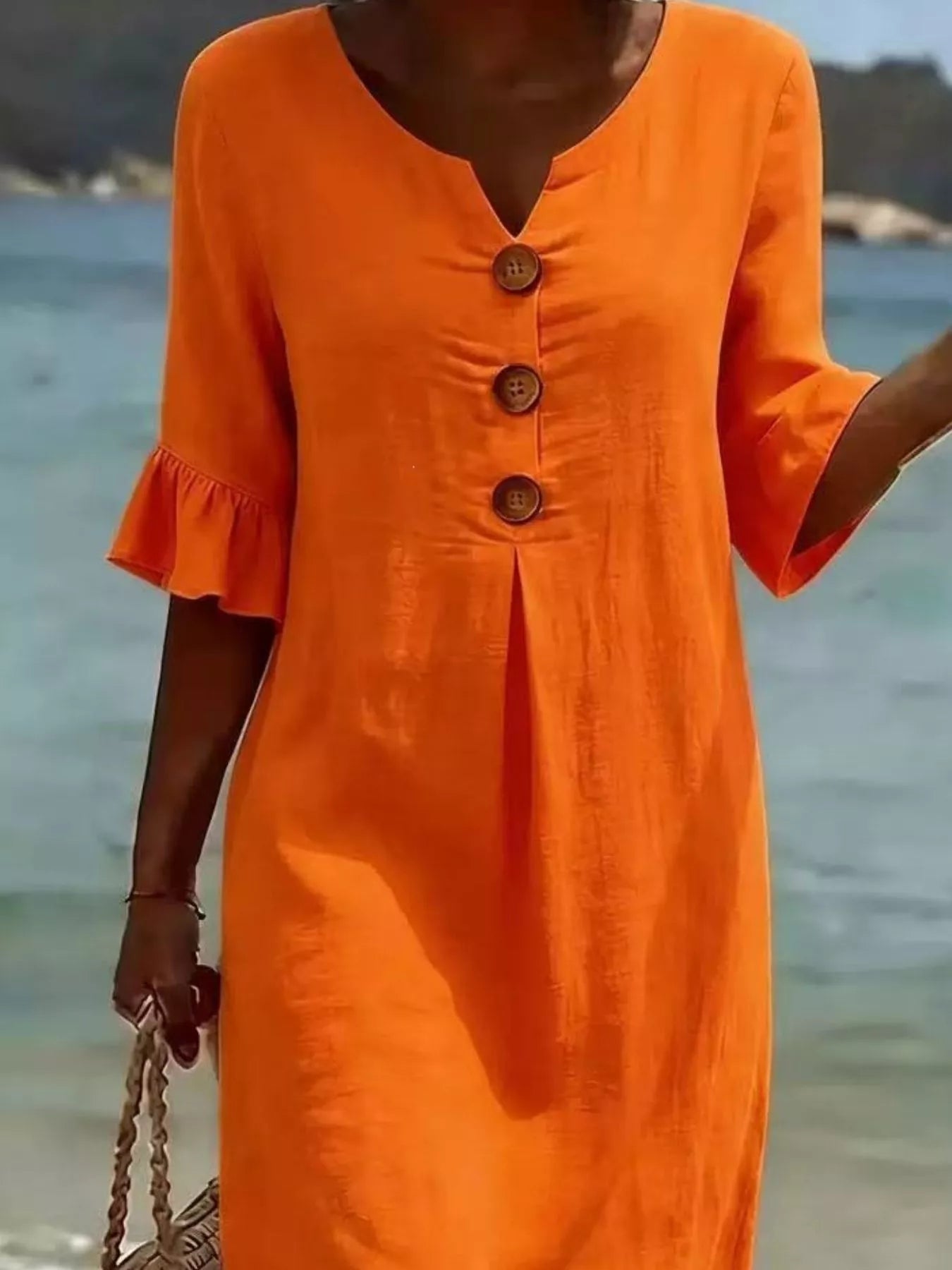 Full Size Button Decor Ruffle Sleeve Midi Dress Plus Size