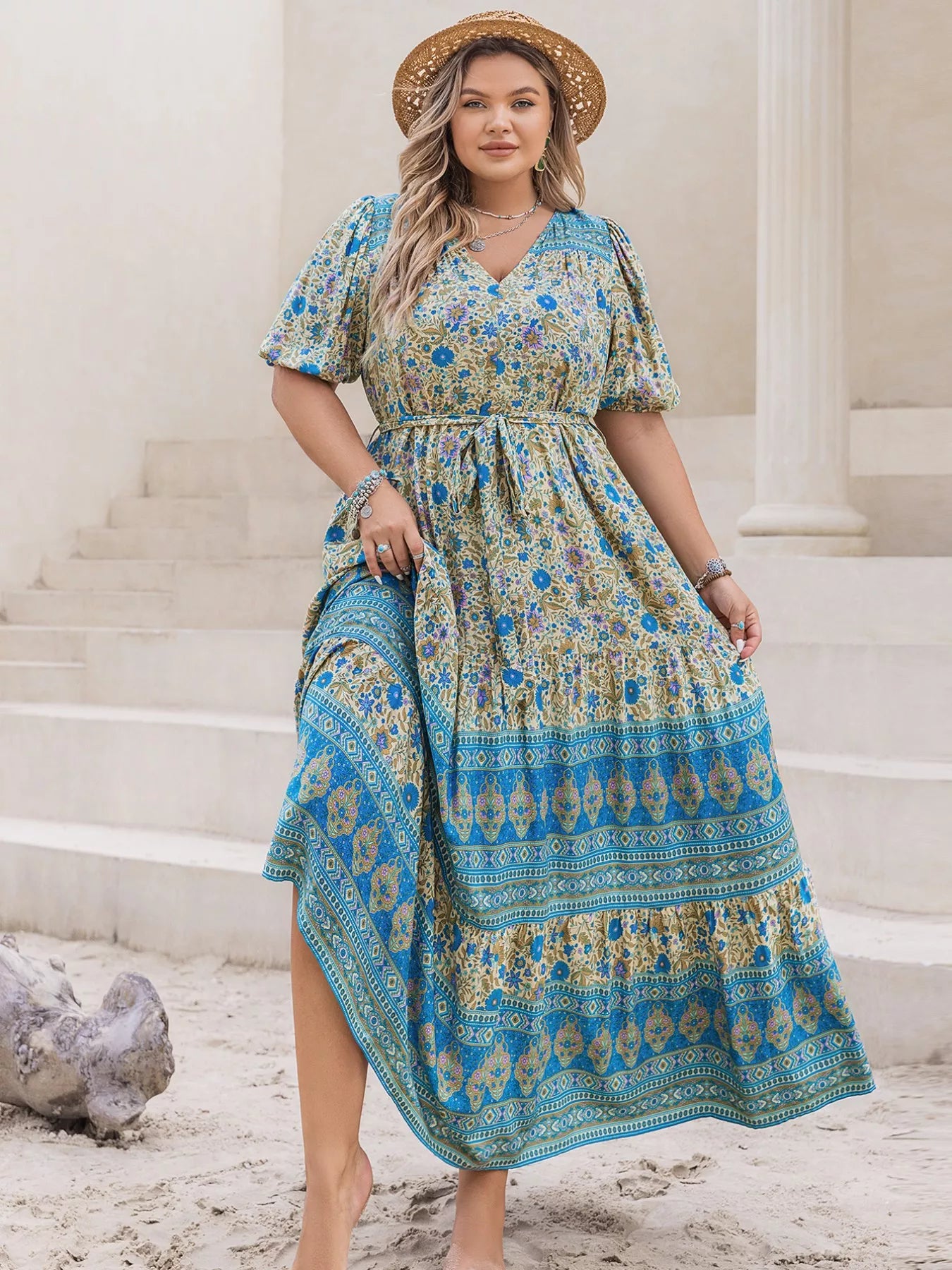 Plus Size V-Neck Floral Print Maxi Dress