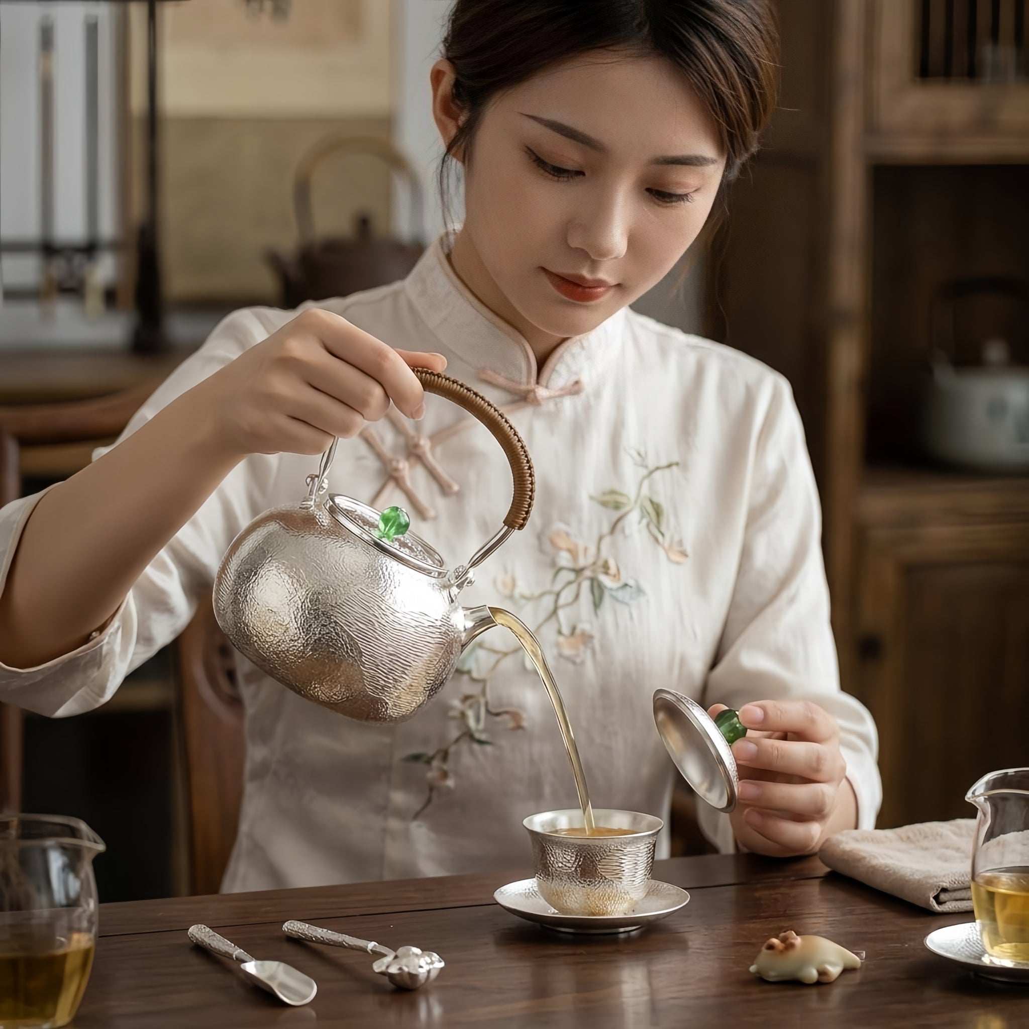 Pure 999 Fine Silver Handcrafted Textured Silver Teapot with Woven Rattan Handle and Green Jade Knob - Handicraft