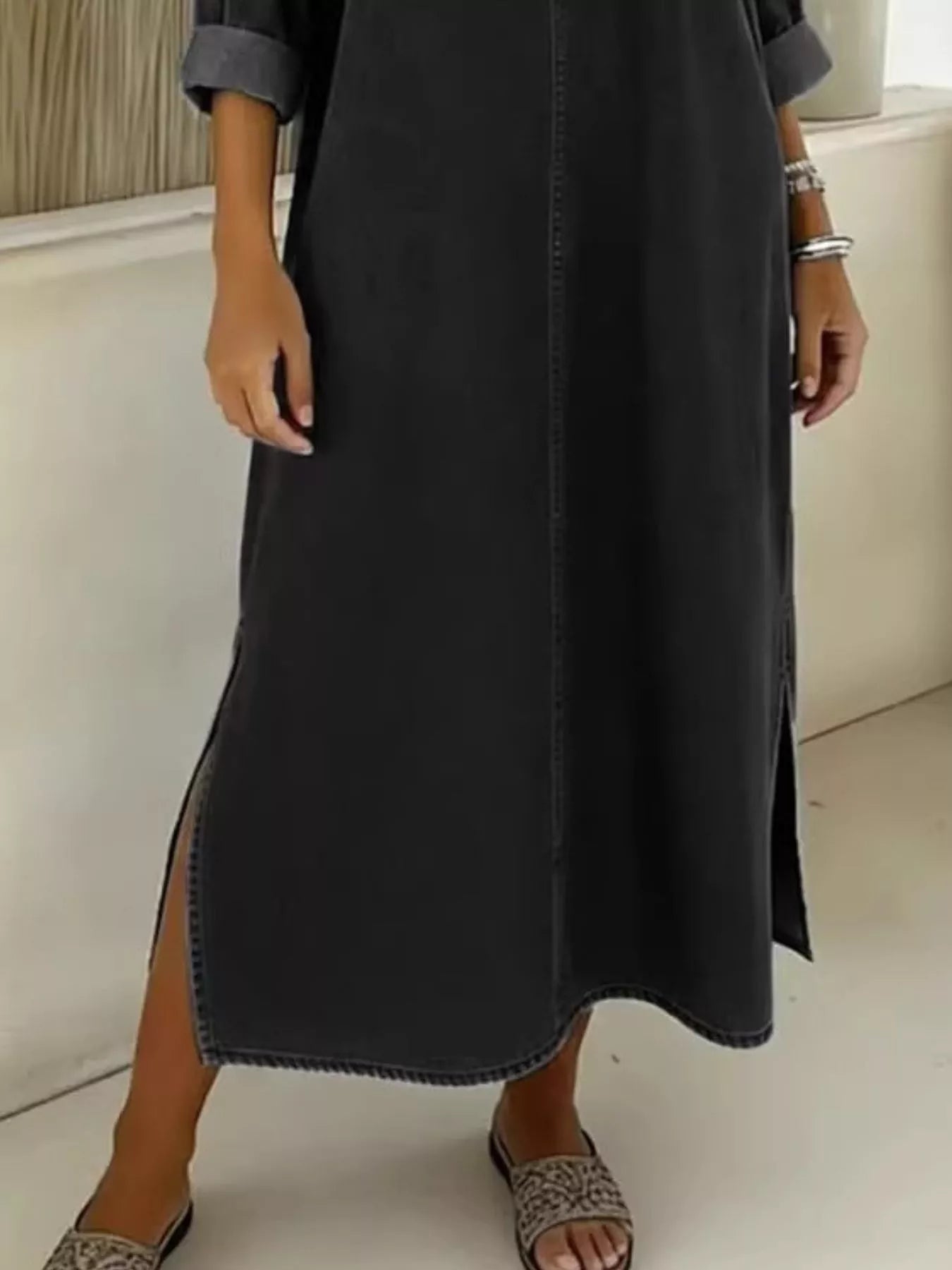 Side Slit V-Neck Midi Dress
