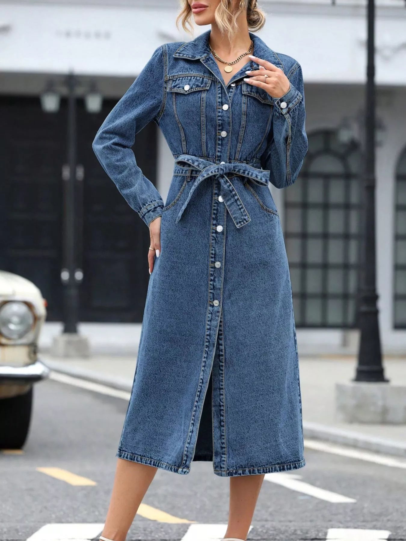 Belted Long Sleeve Denim Dress