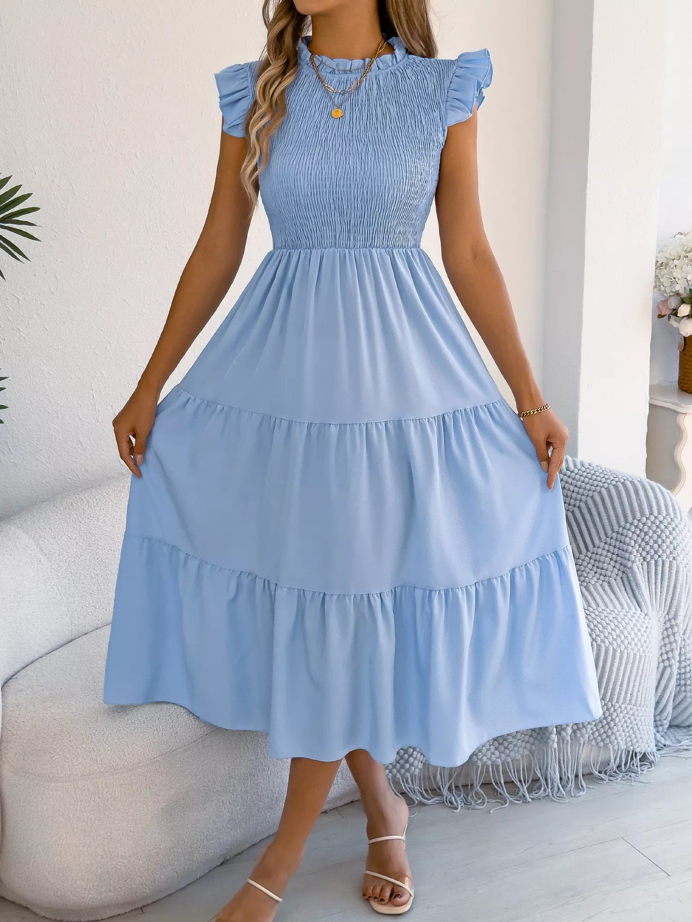 Smocked Ruffled Cap Sleeve Dress