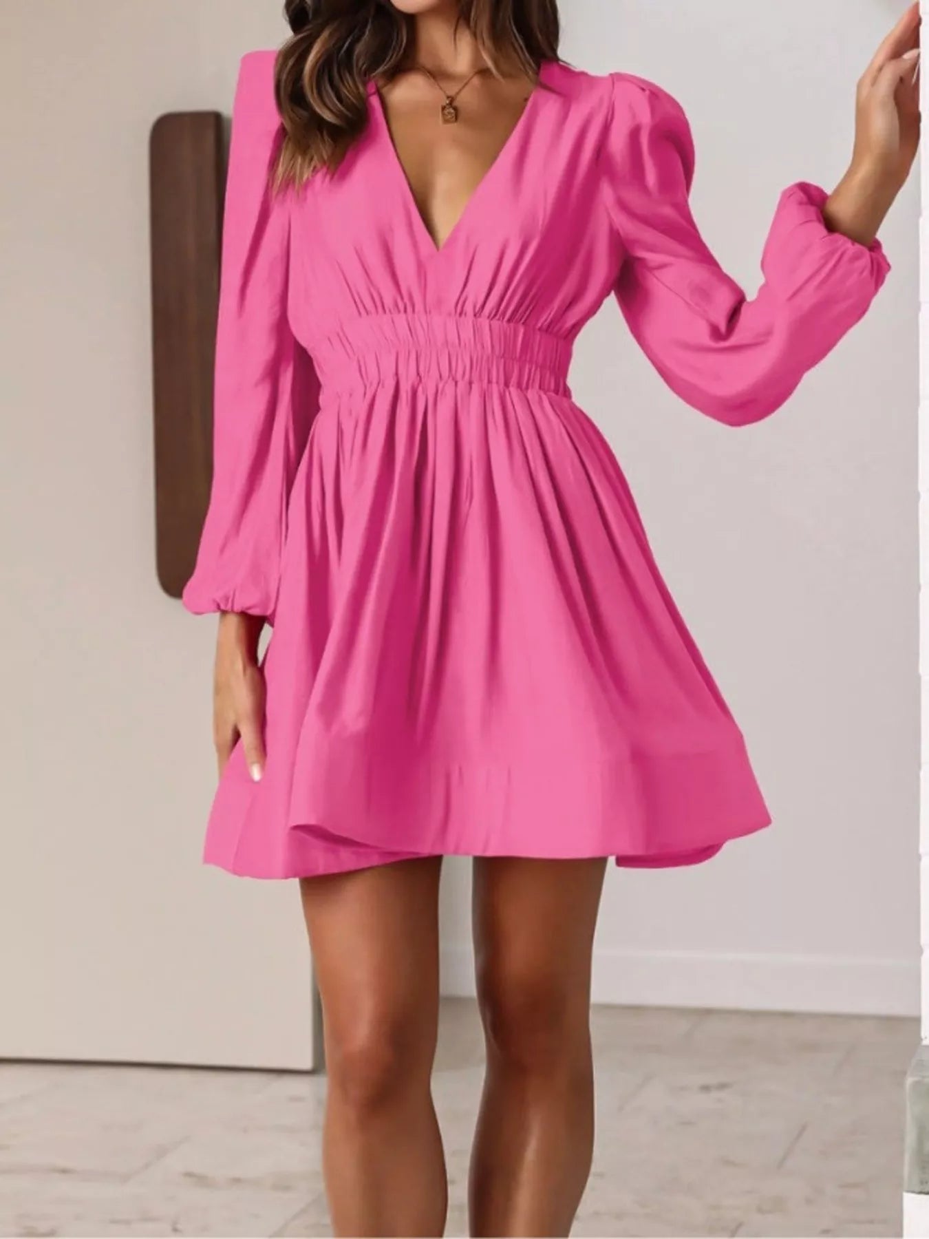 V-Neck Long Sleeve Mini Dress