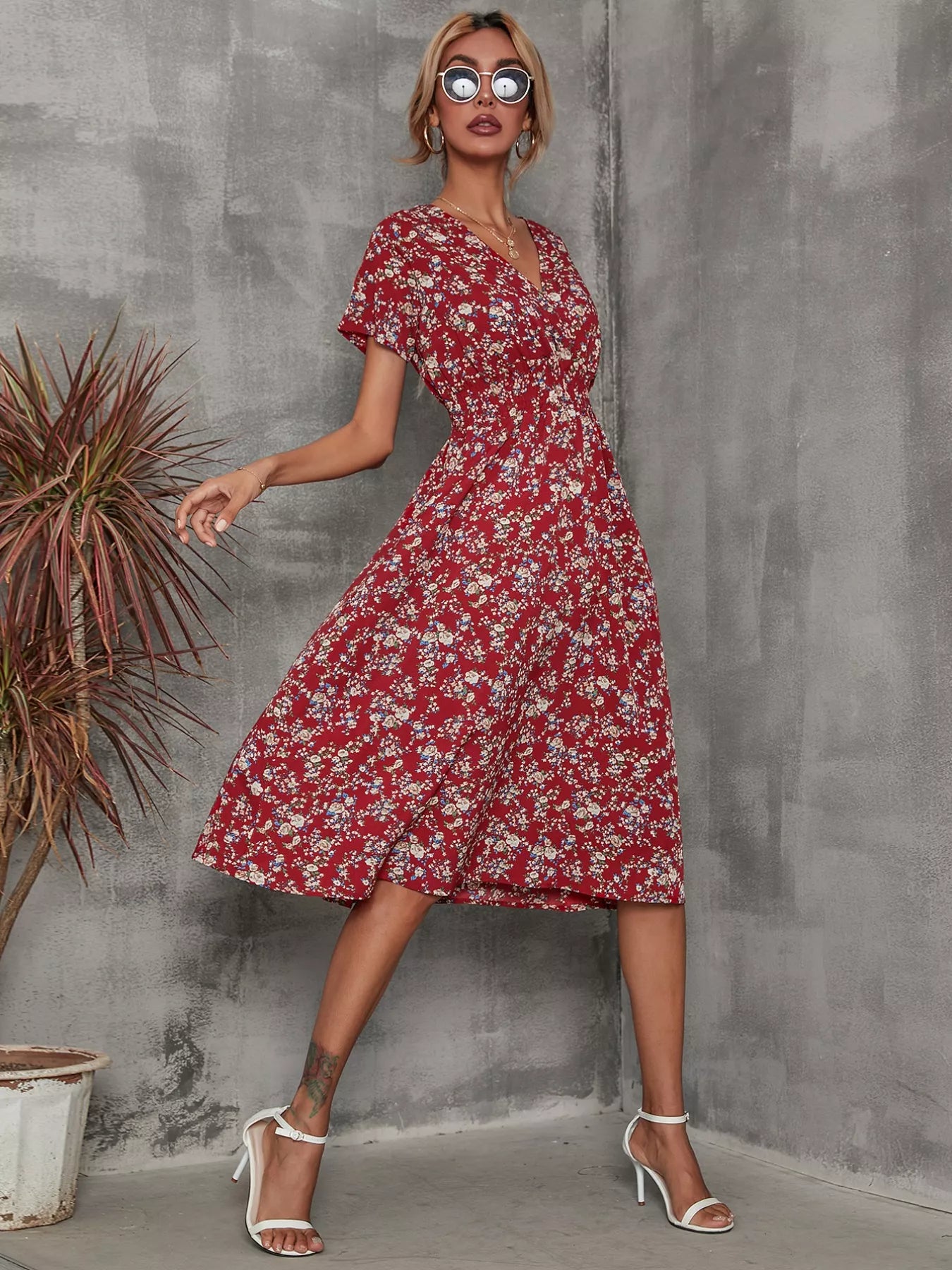 Printed Short Sleeve Midi Dress