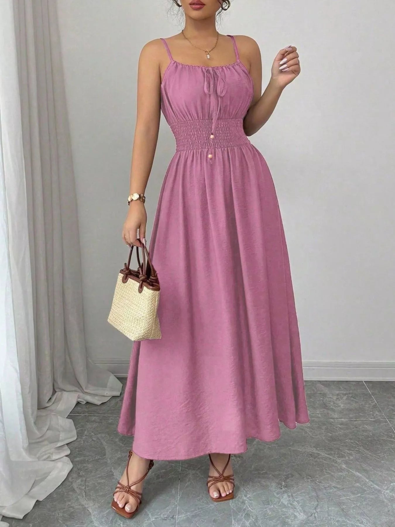 Smocked Spaghetti Strap Midi Dress