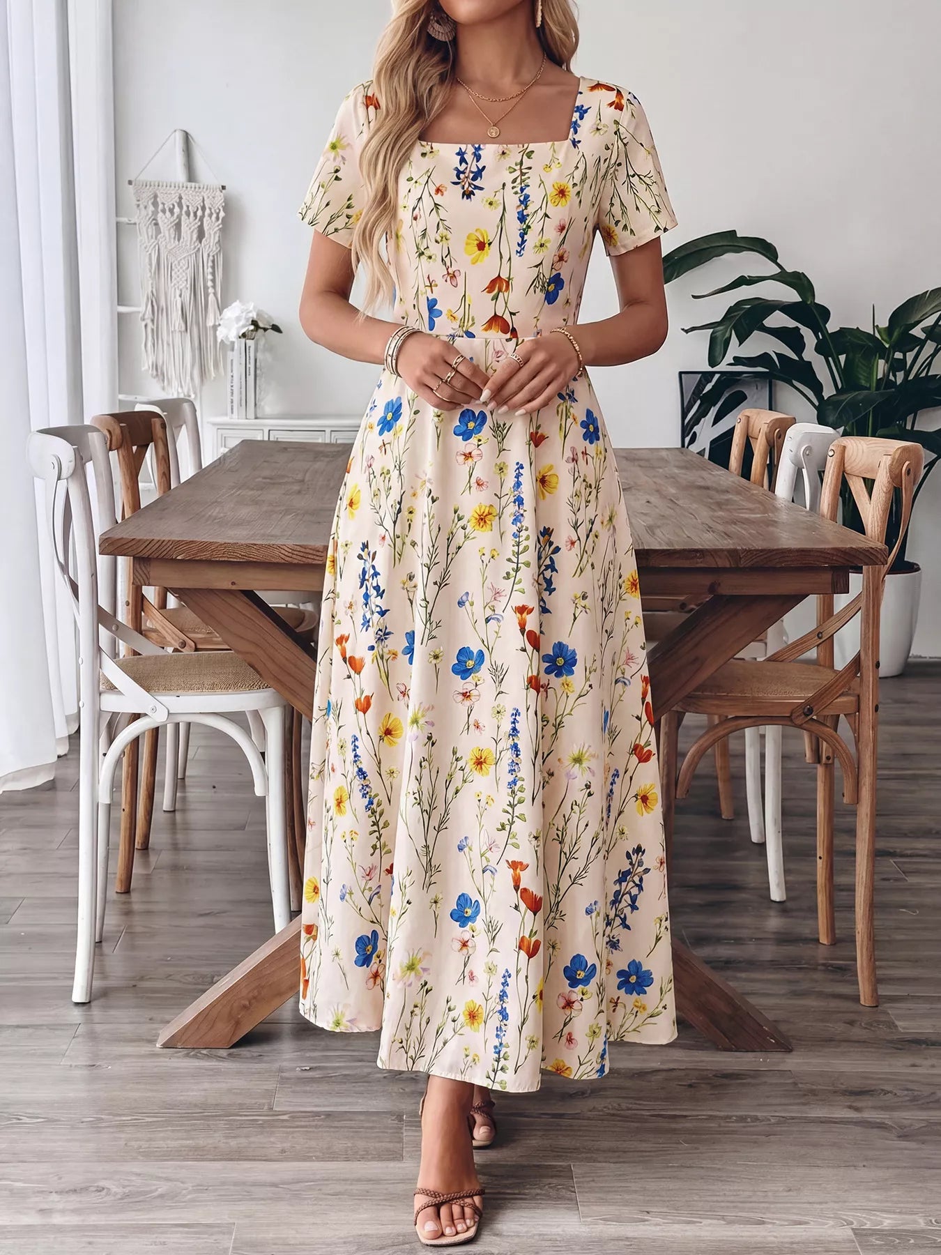 Floral Print Square Neck Casual Maxi Dress