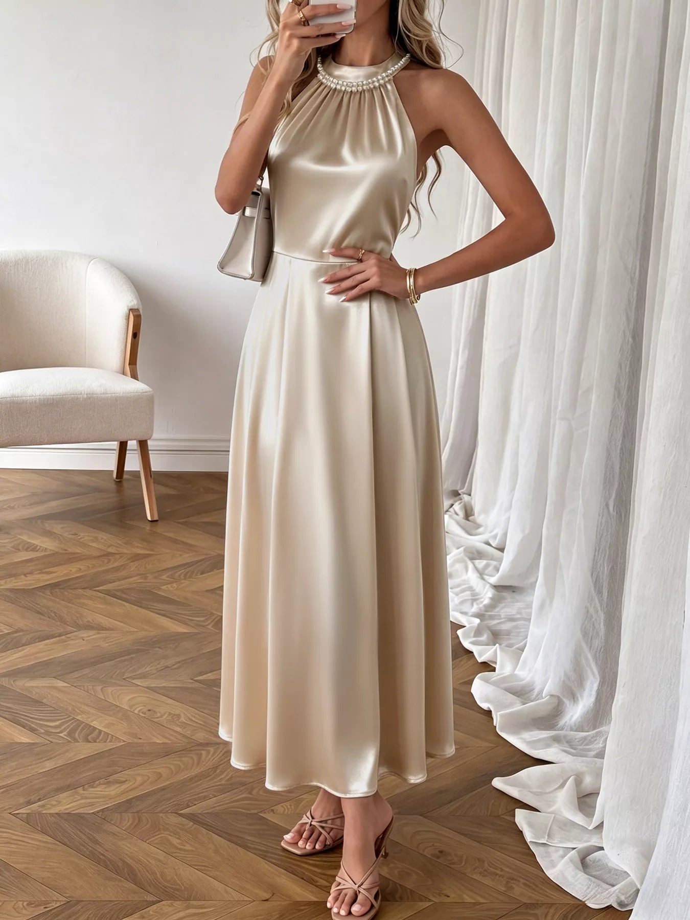 Pearl Halter Satin Midi Dress