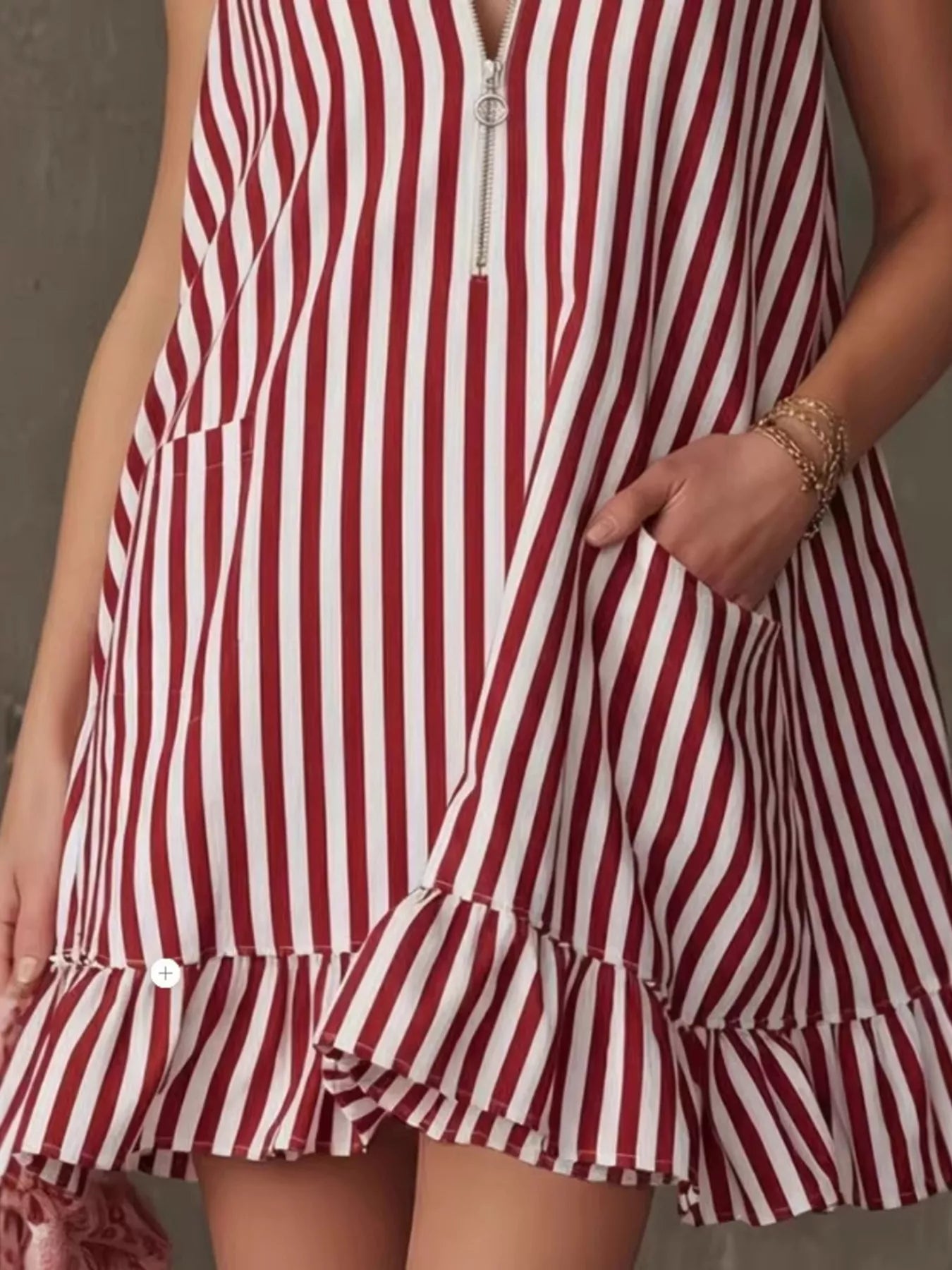 Striped Zipper Neck Ruffle Hem Dress