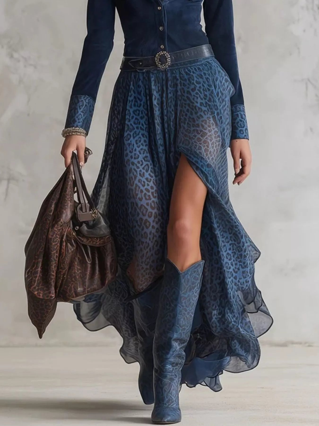 Leopard Button Front Slit Maxi Dress