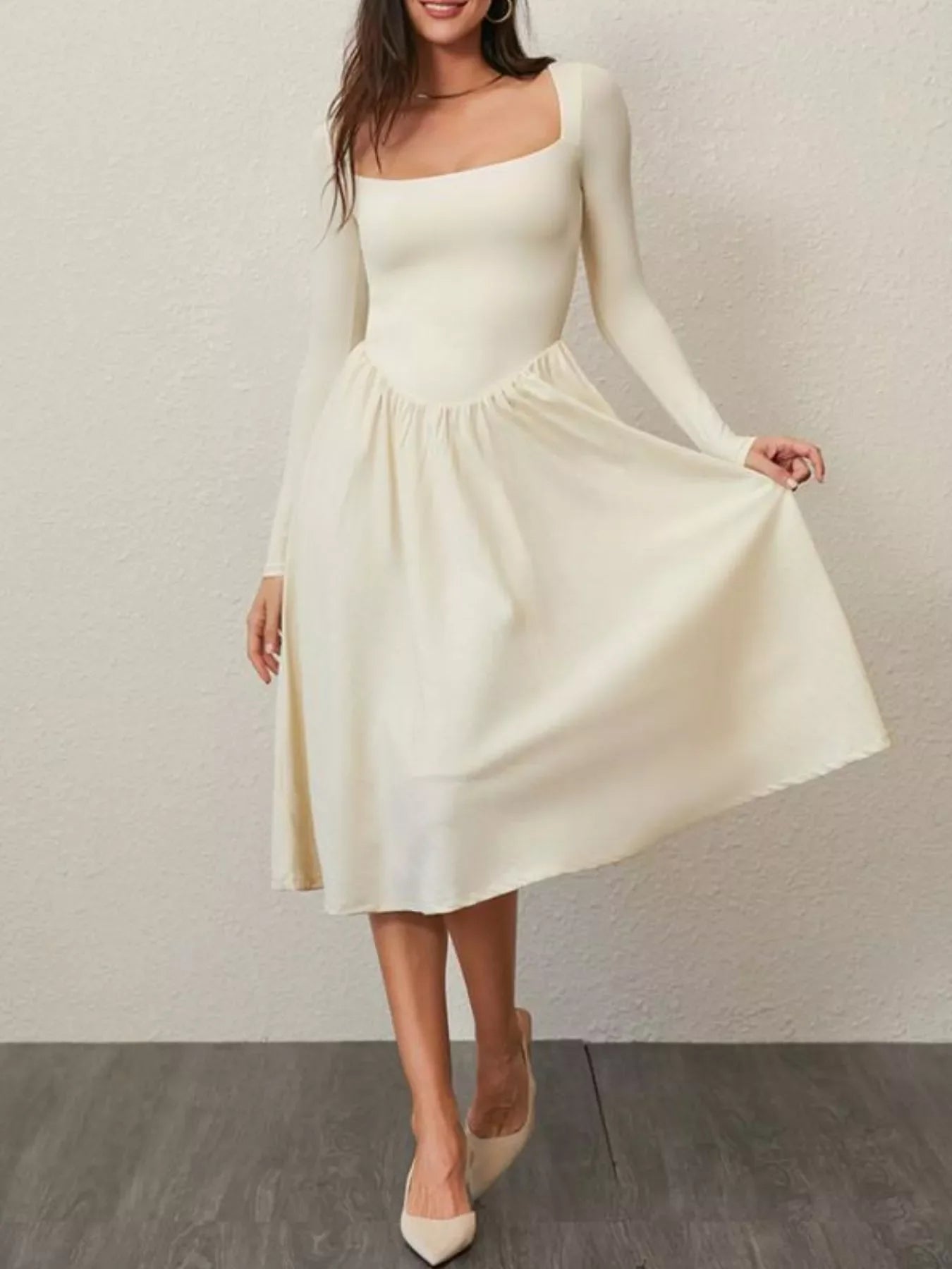 Square Neck Long Sleeve Midi Dress