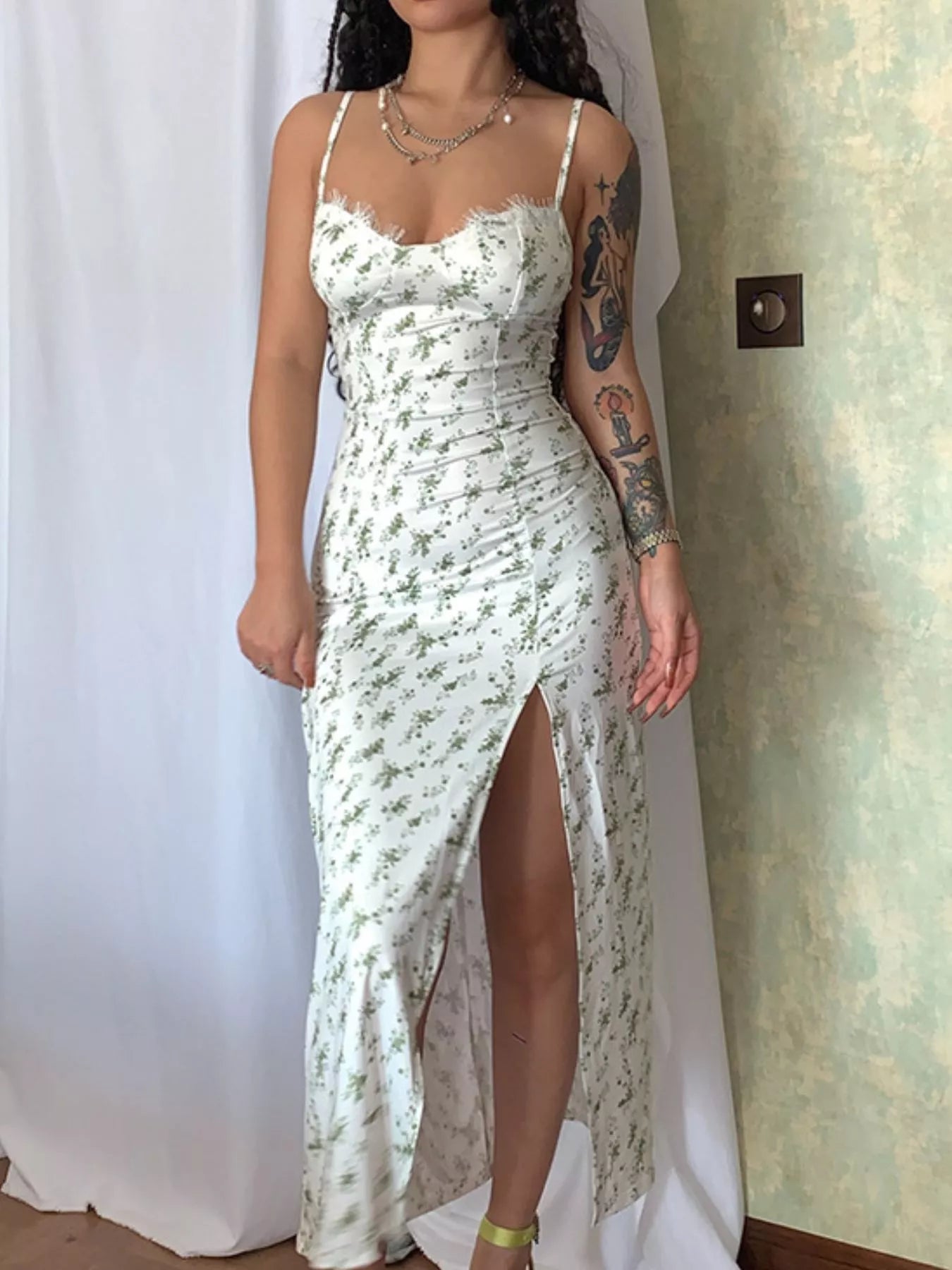Floral Print Lace Trim Slit Midi Dress