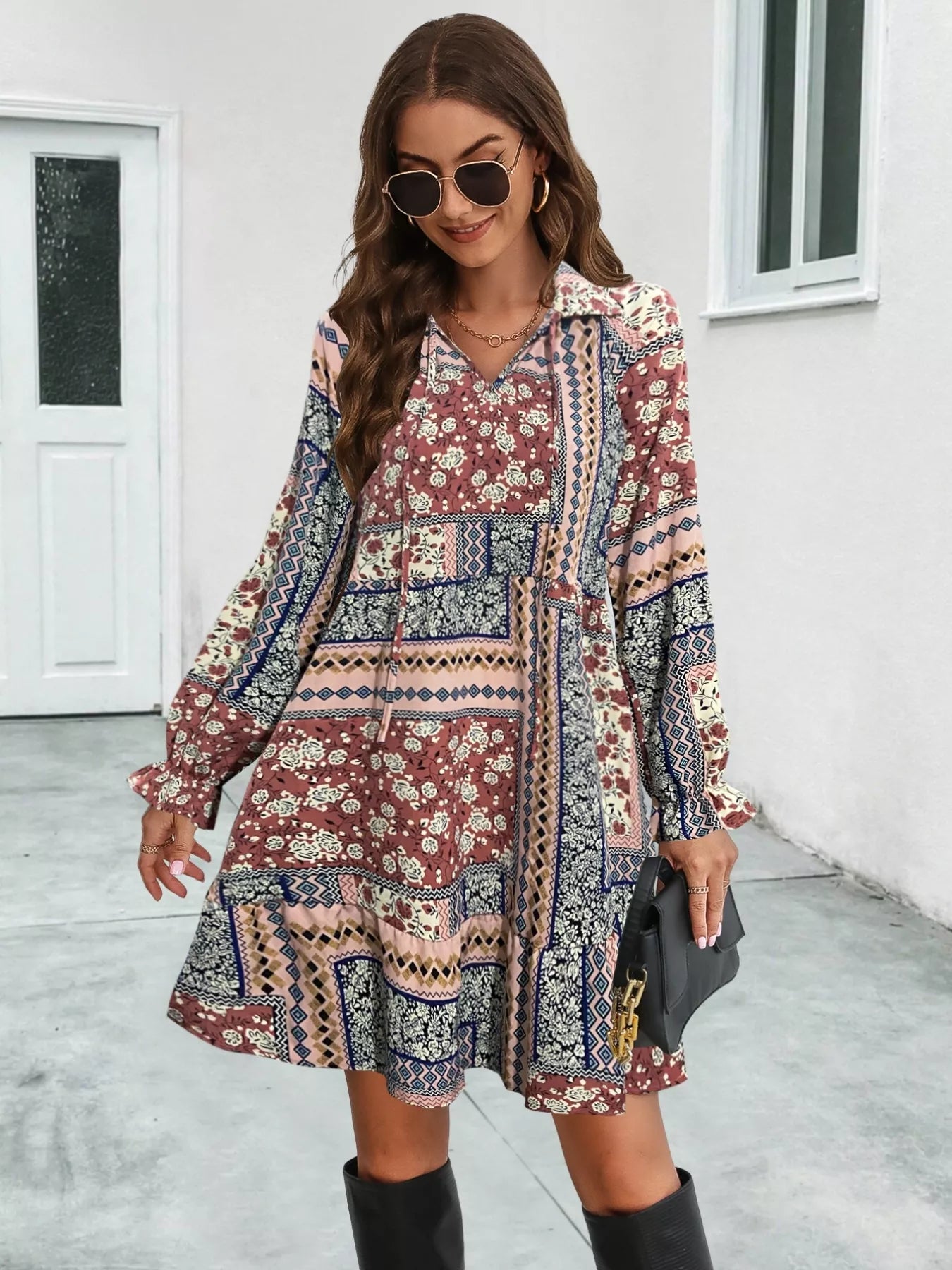 Boho Floral Print Long Sleeve Mini Dress