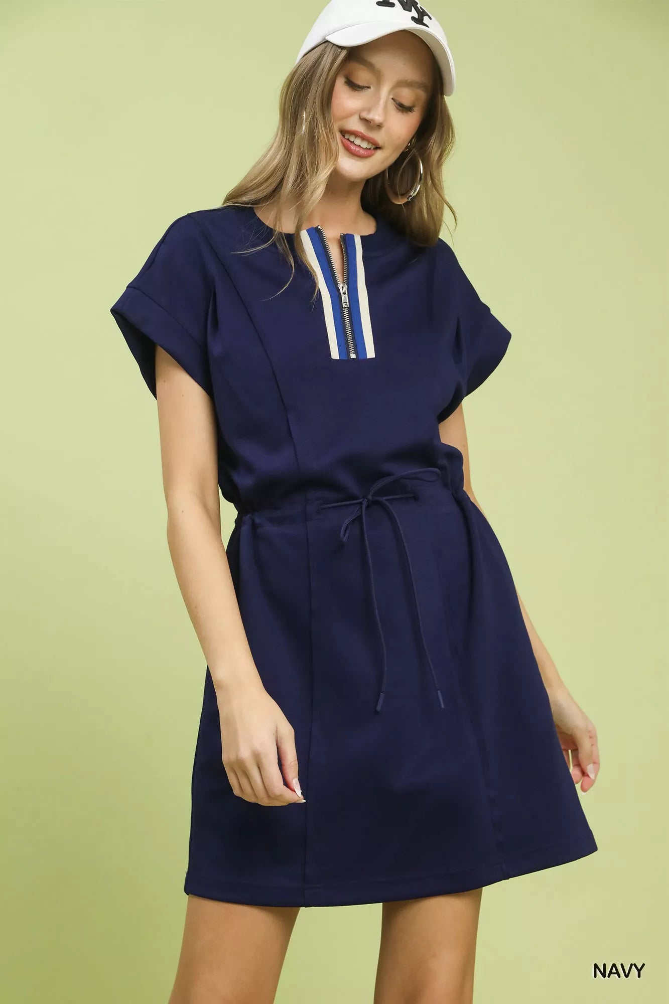 Umgee Knit Zip Front Drawstring Dress
