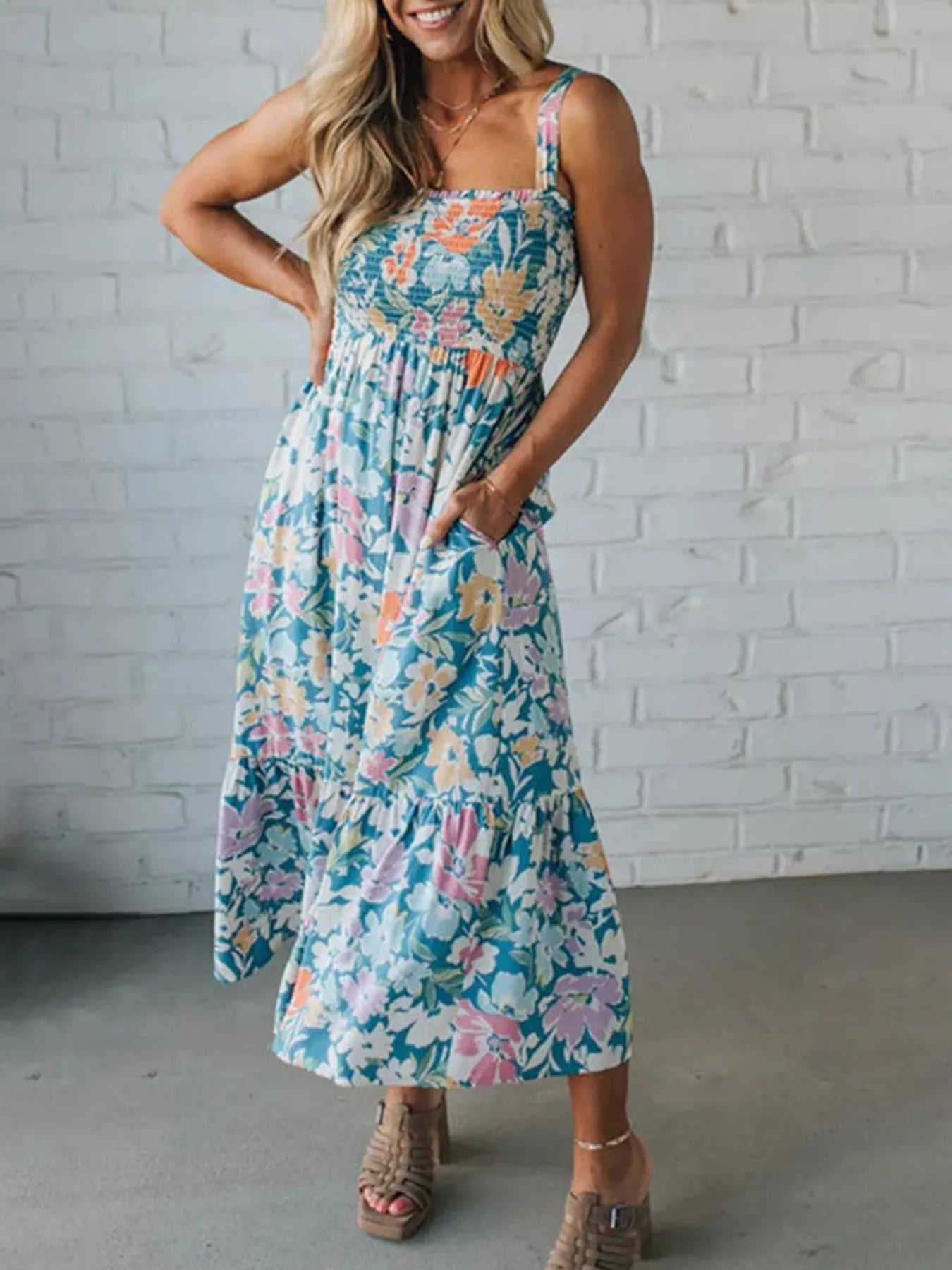 Floral Smocked Square Neck Midi Dress