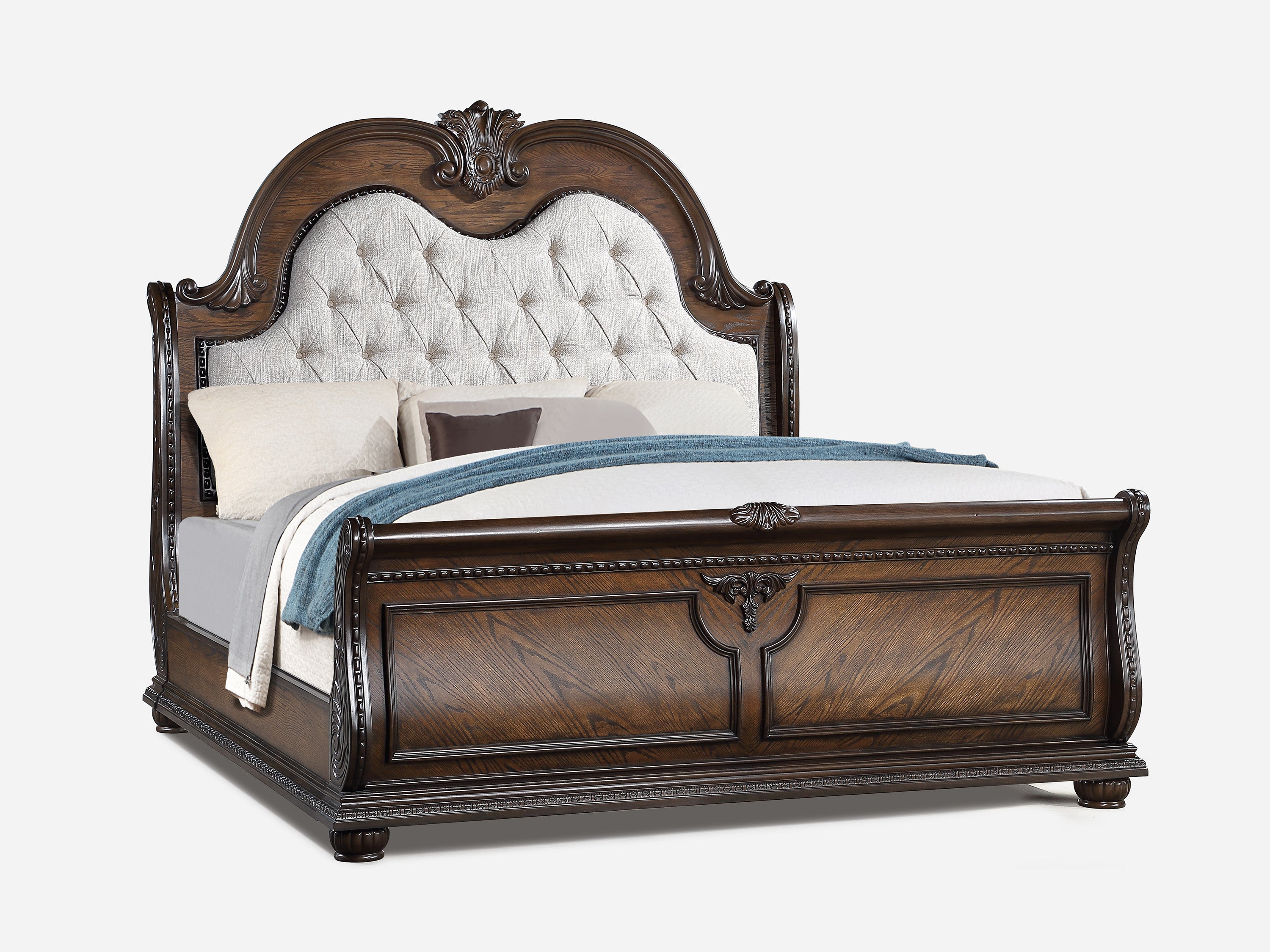 Traditional Style Faux Leather Upholstered King Sleigh Bed